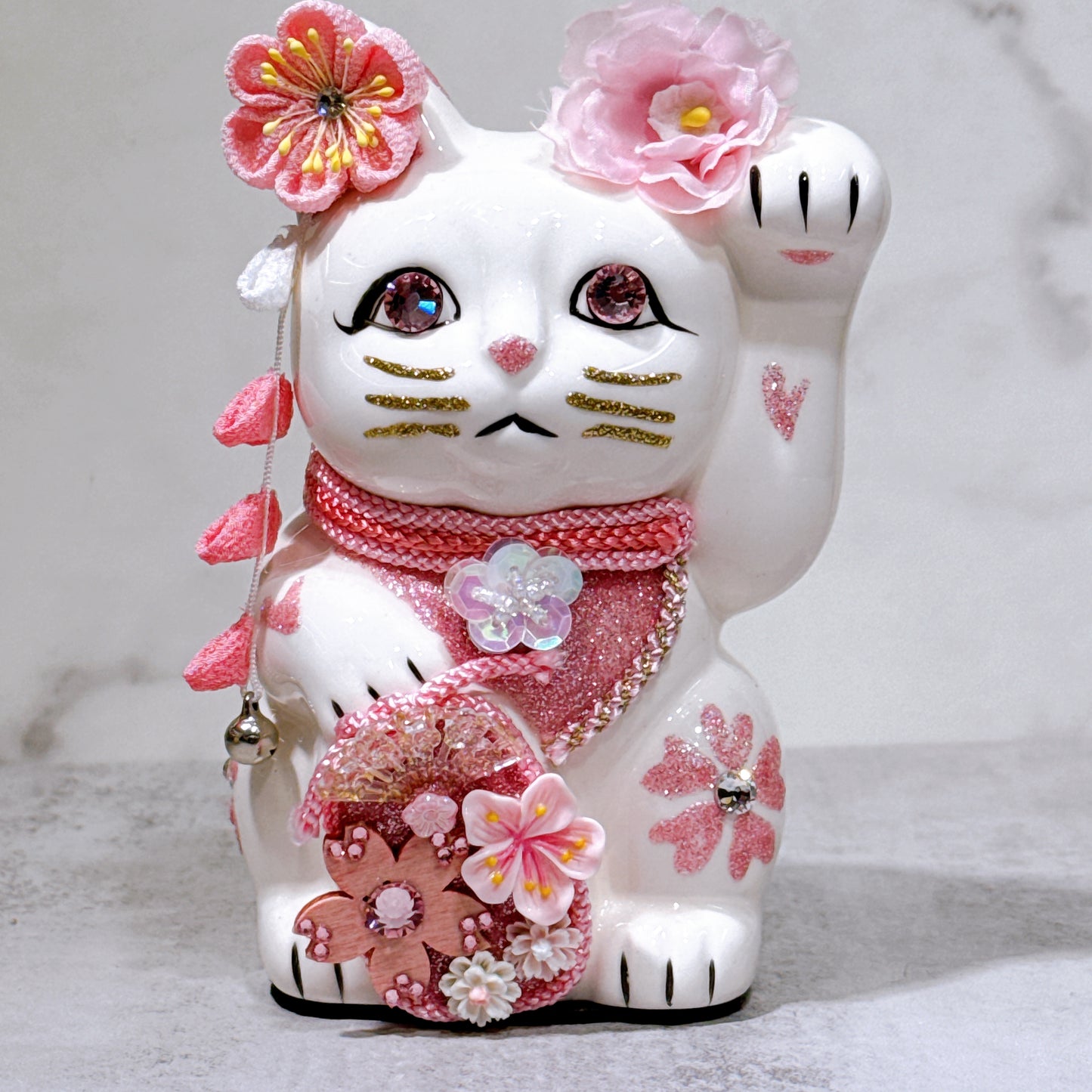 日本花見招財貓 櫻貓 5號 白 左手