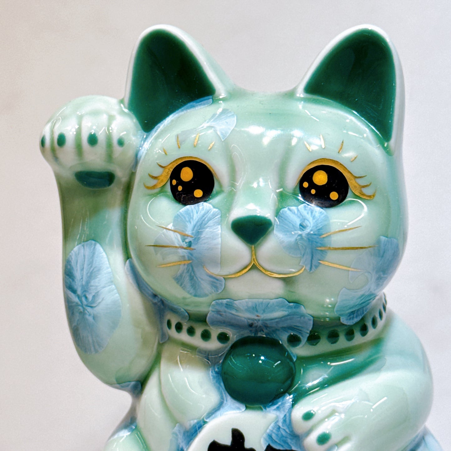 日本清水燒招財貓 花結晶 綠 招福 体花 右