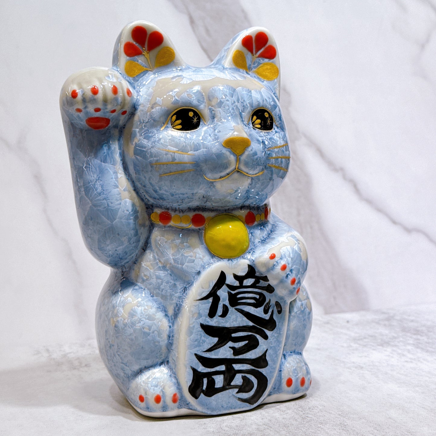 日本清水燒招財貓 花結晶 銀藤 億万両 特大 右