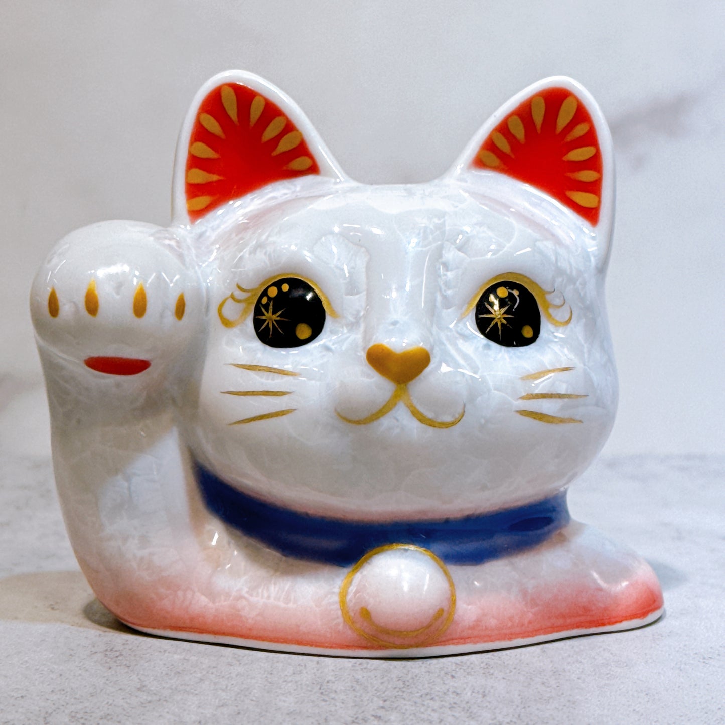 日本清水燒招財貓 貓半身 花結晶 桃白
