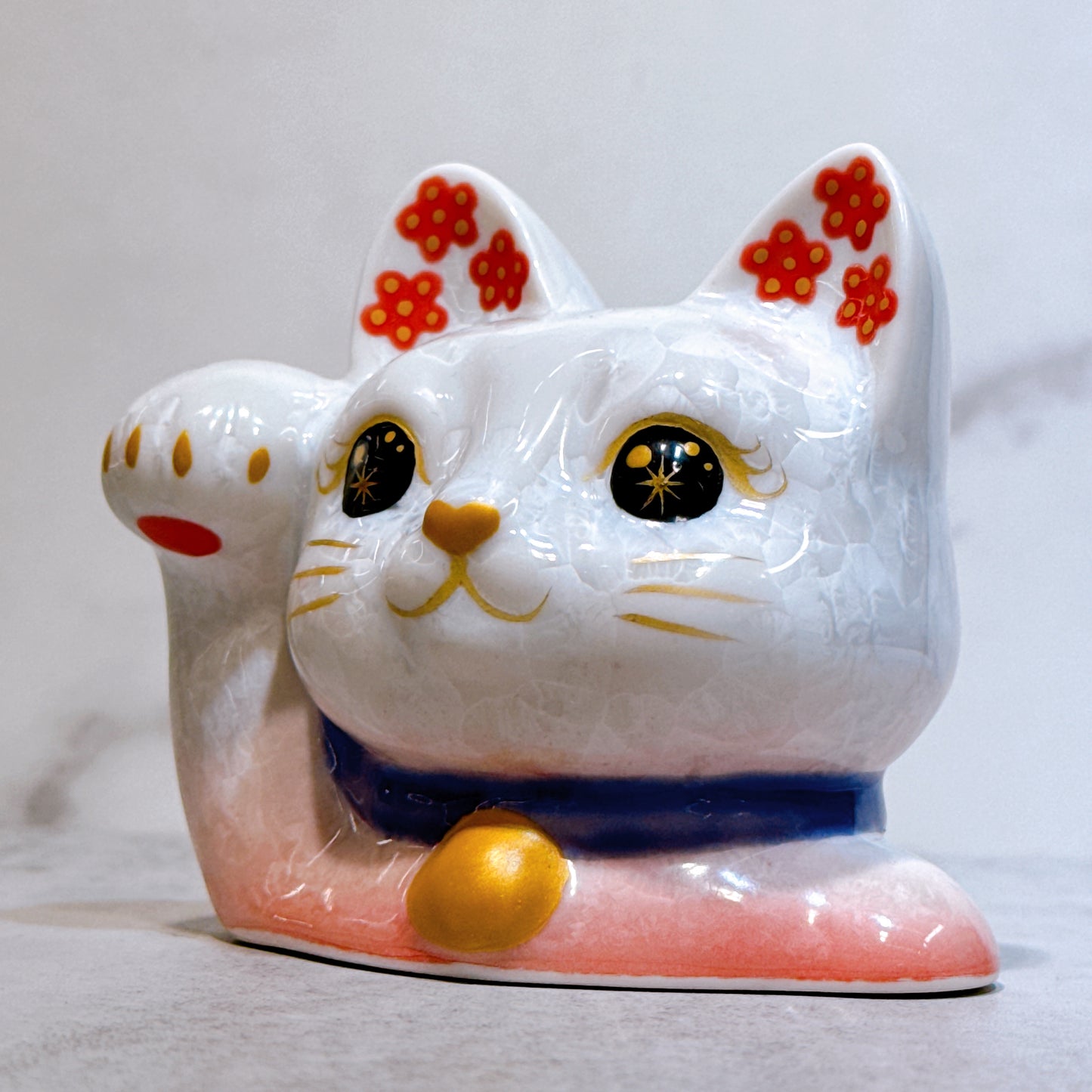日本清水燒招財貓 貓半身 花結晶 桃白