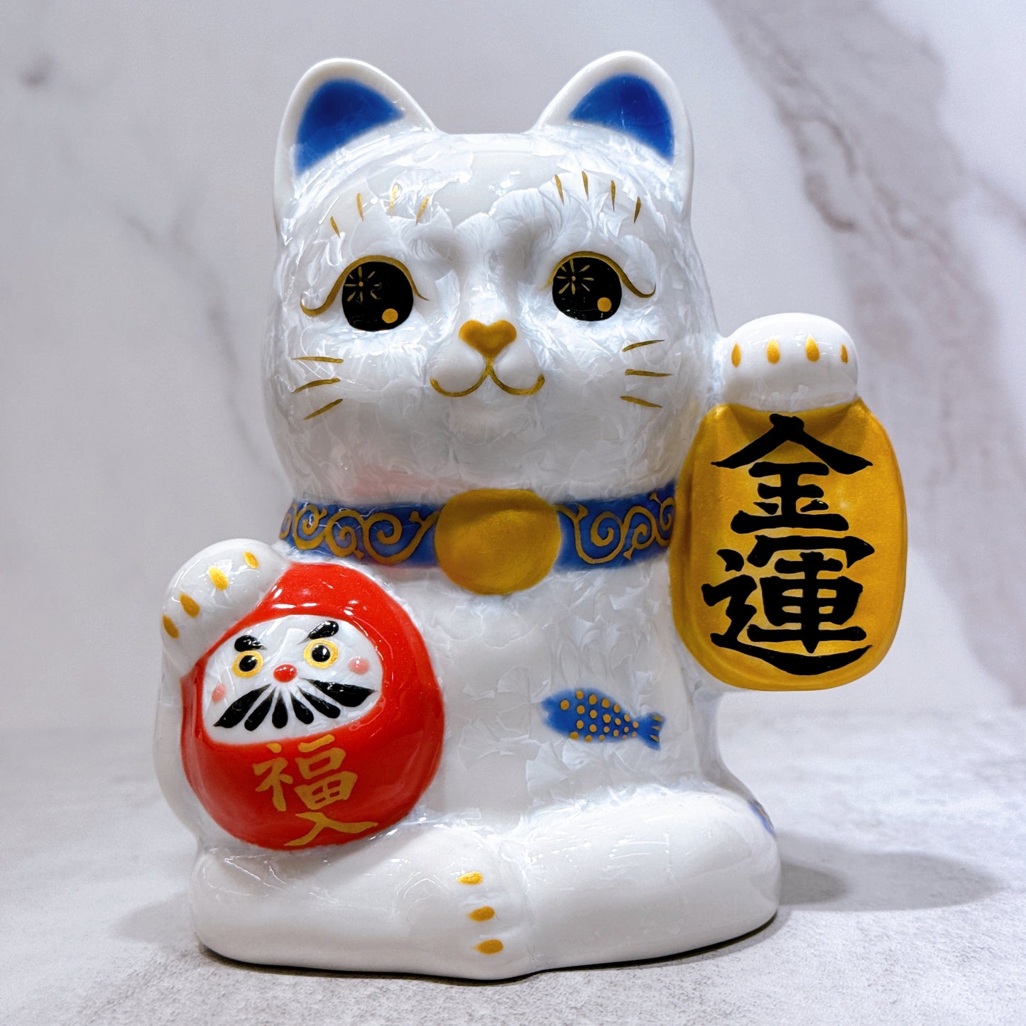 日本清水燒招財貓 達摩 花結晶 白 金運