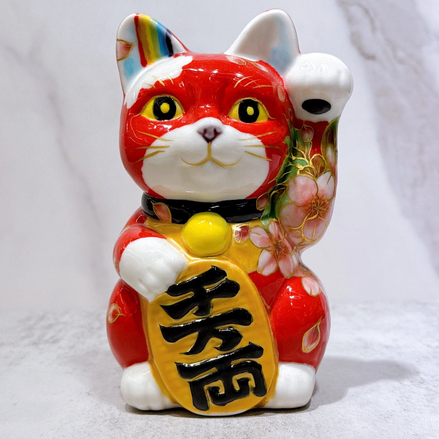日本清水烧招财猫色绘赤涂山樱