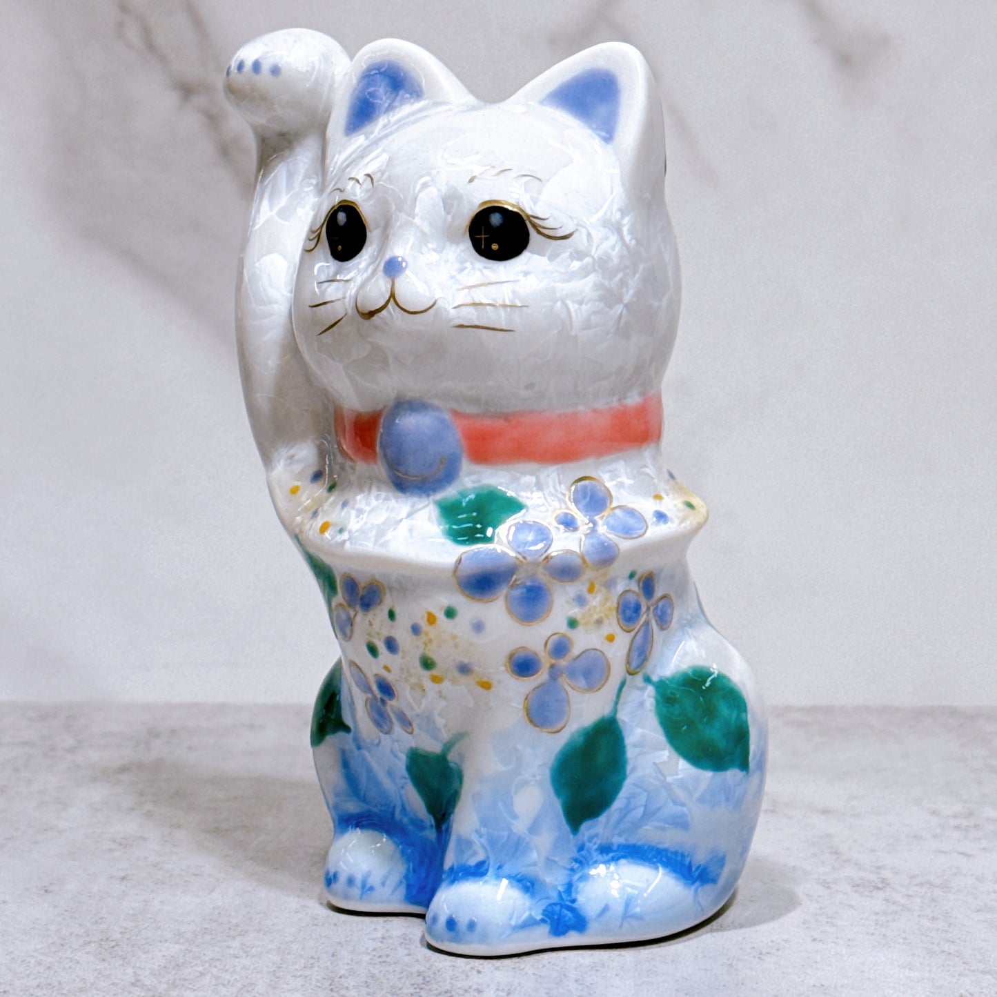 日本清水燒招財貓 花結晶 青白 体花