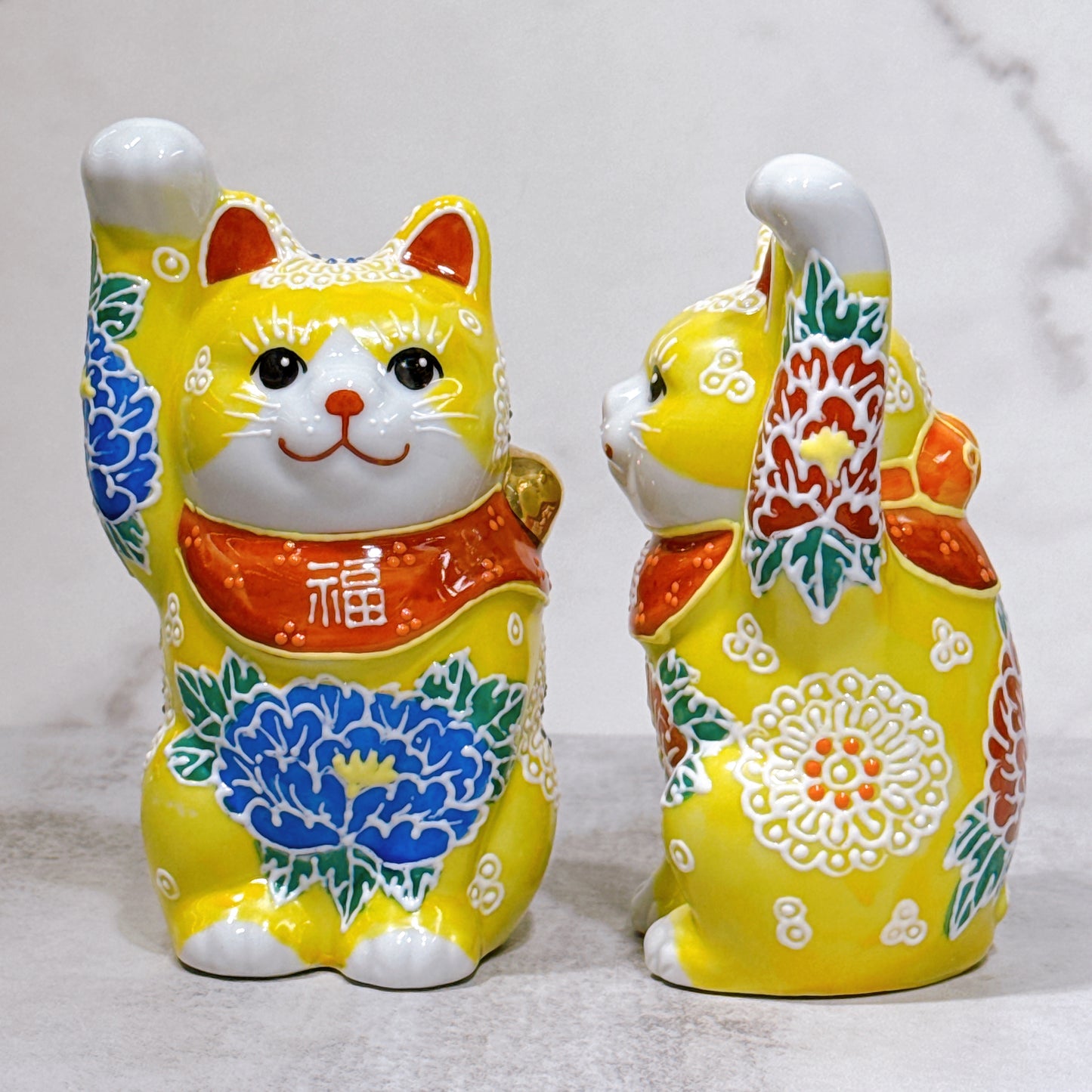 日本九谷燒招財貓 黃盛牡丹 4號