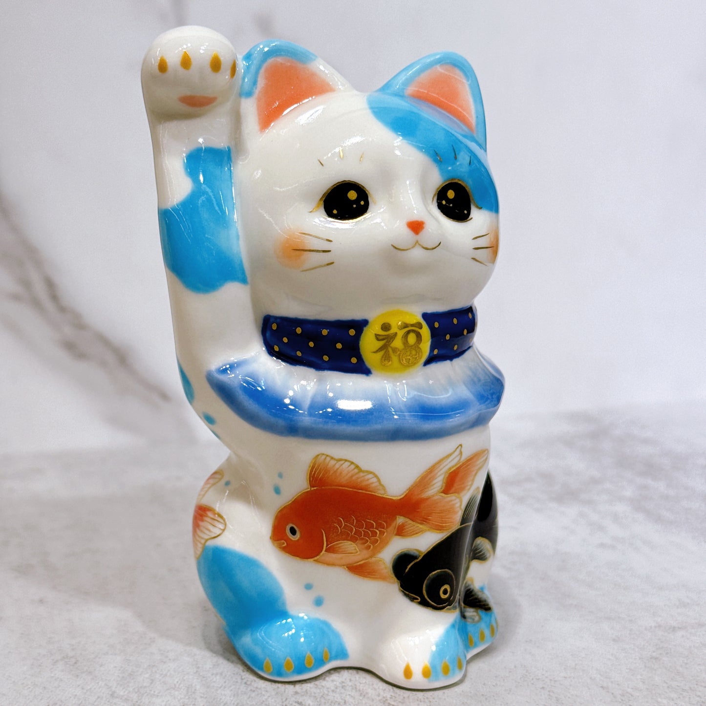 日本清水燒招財貓 色繪 洋水鯉