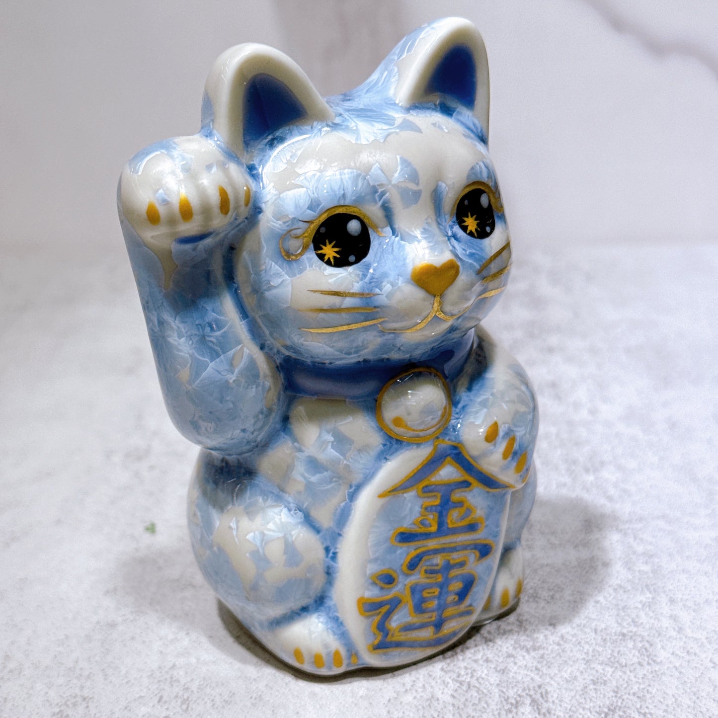 日本清水燒招財貓 花結晶 銀藤 金運 右 特小