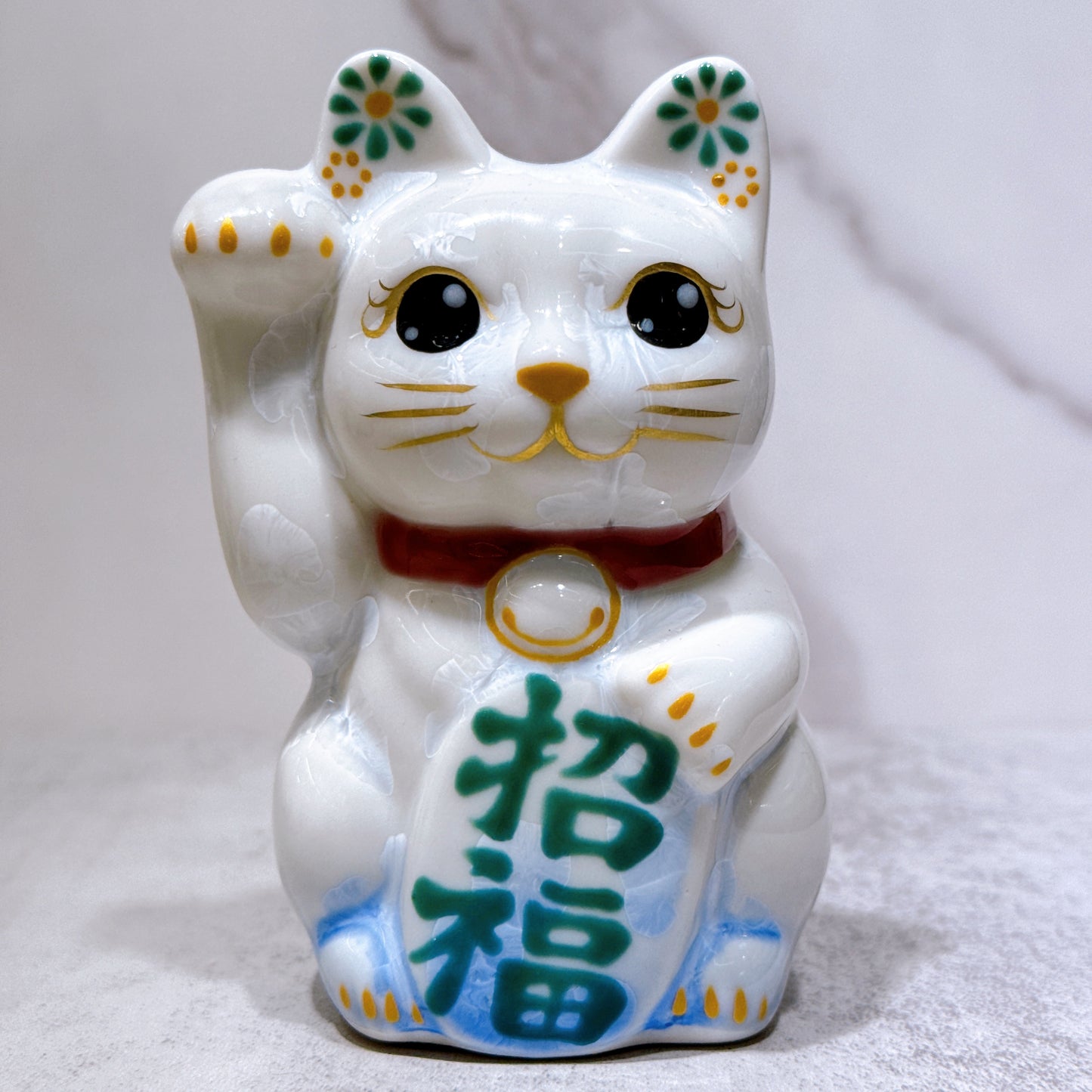 日本清水烧招财猫花结晶青白招福右特小