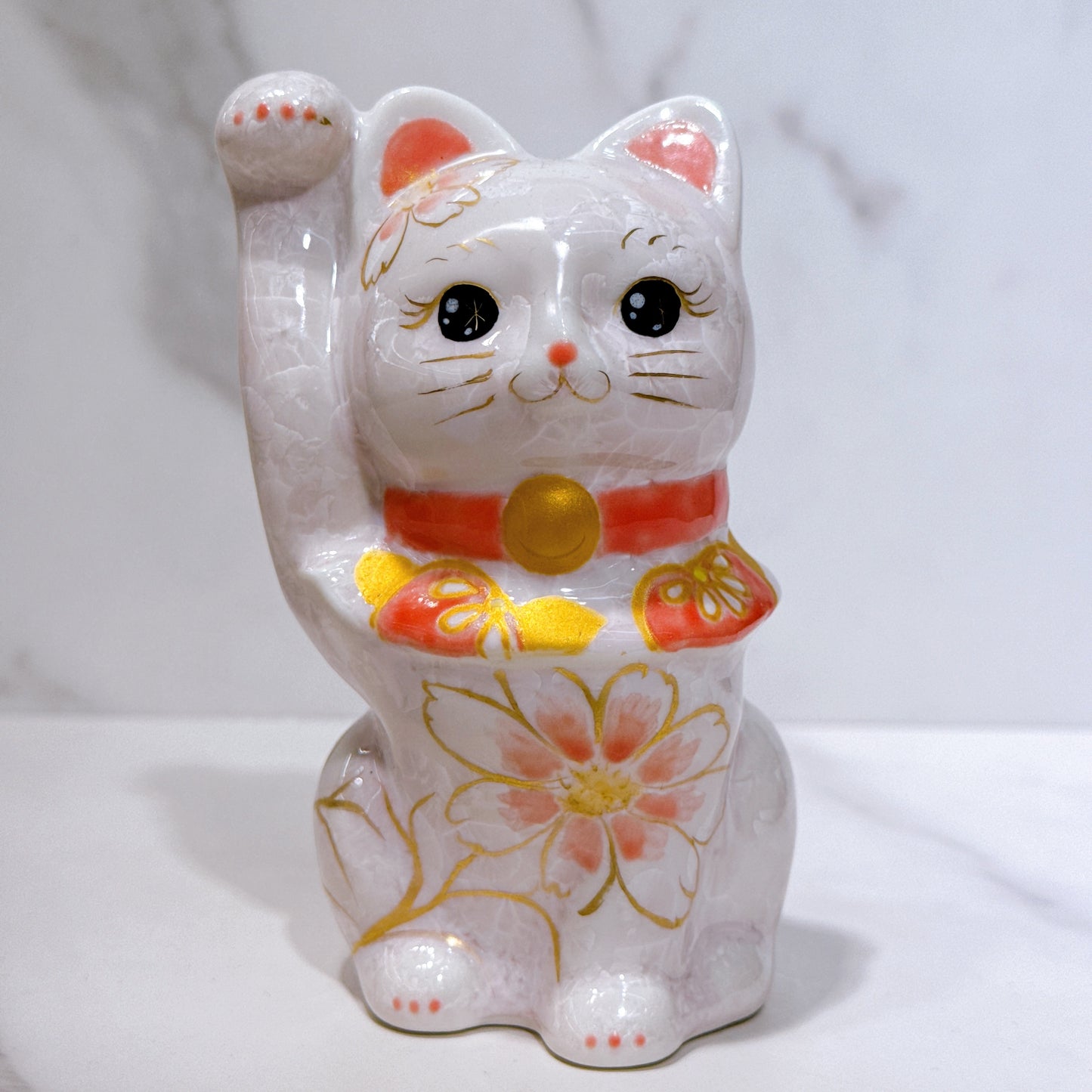 日本清水燒招財貓 花結晶 桃 体花