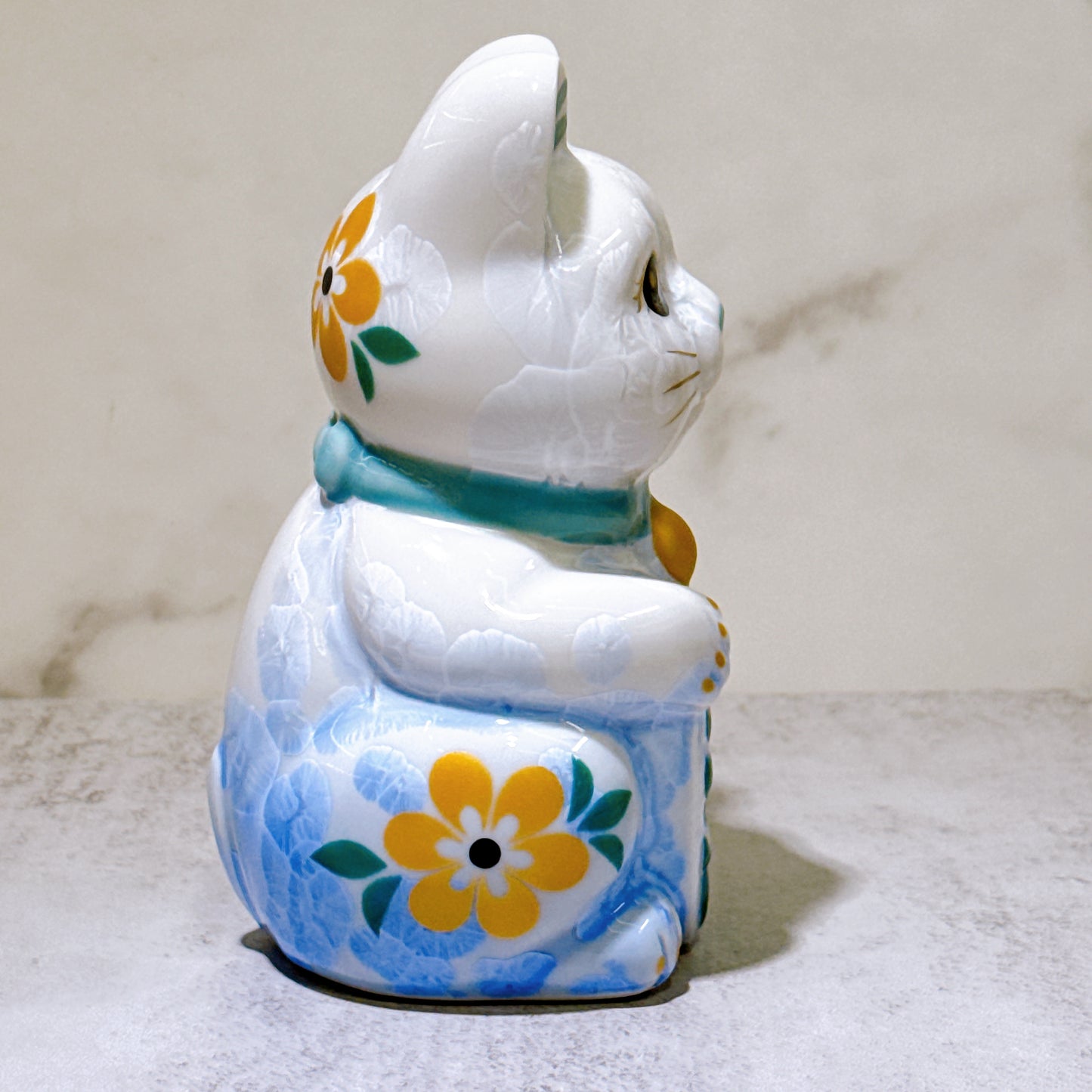 日本清水燒招財貓 花結晶 青白 千萬両 体花 左