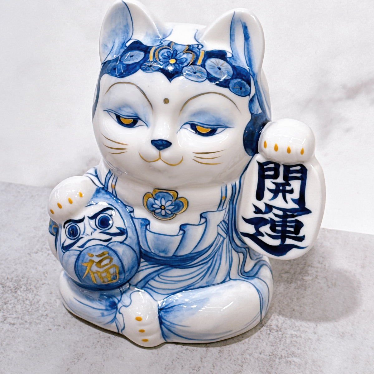 日本清水燒招財貓 達摩 染付 金彩 觀音