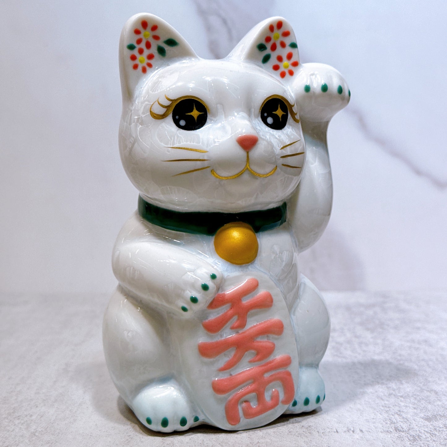 日本清水烧招财猫 花结晶 白 千万两 左