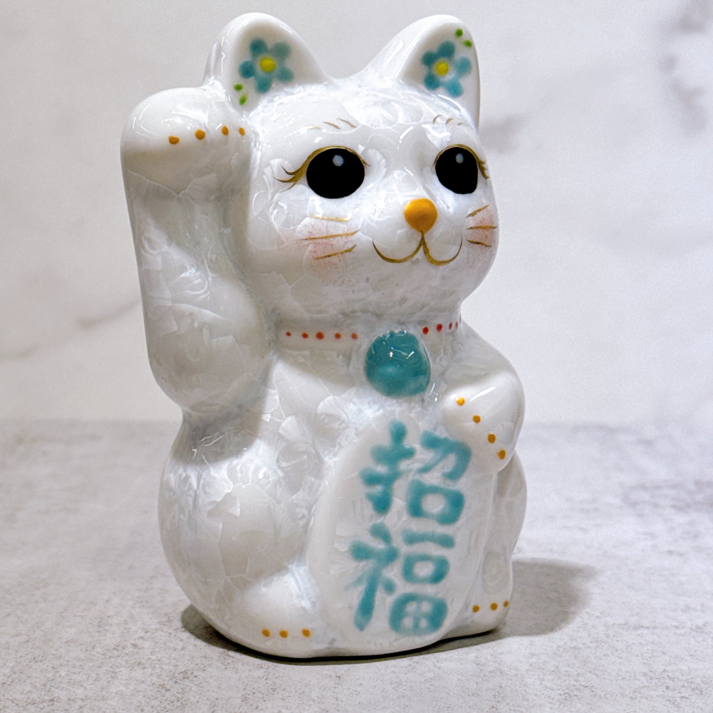日本清水燒招財貓 花結晶 白 招福 右 特小