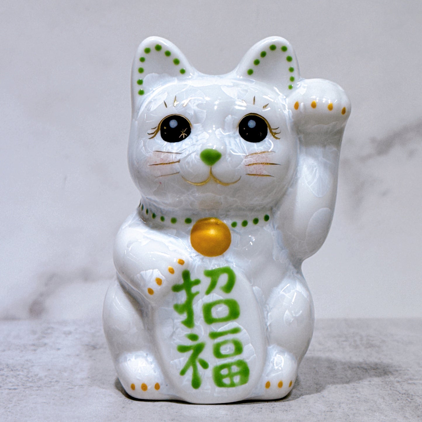 日本清水燒招財貓 花結晶 白 招福 左 特小