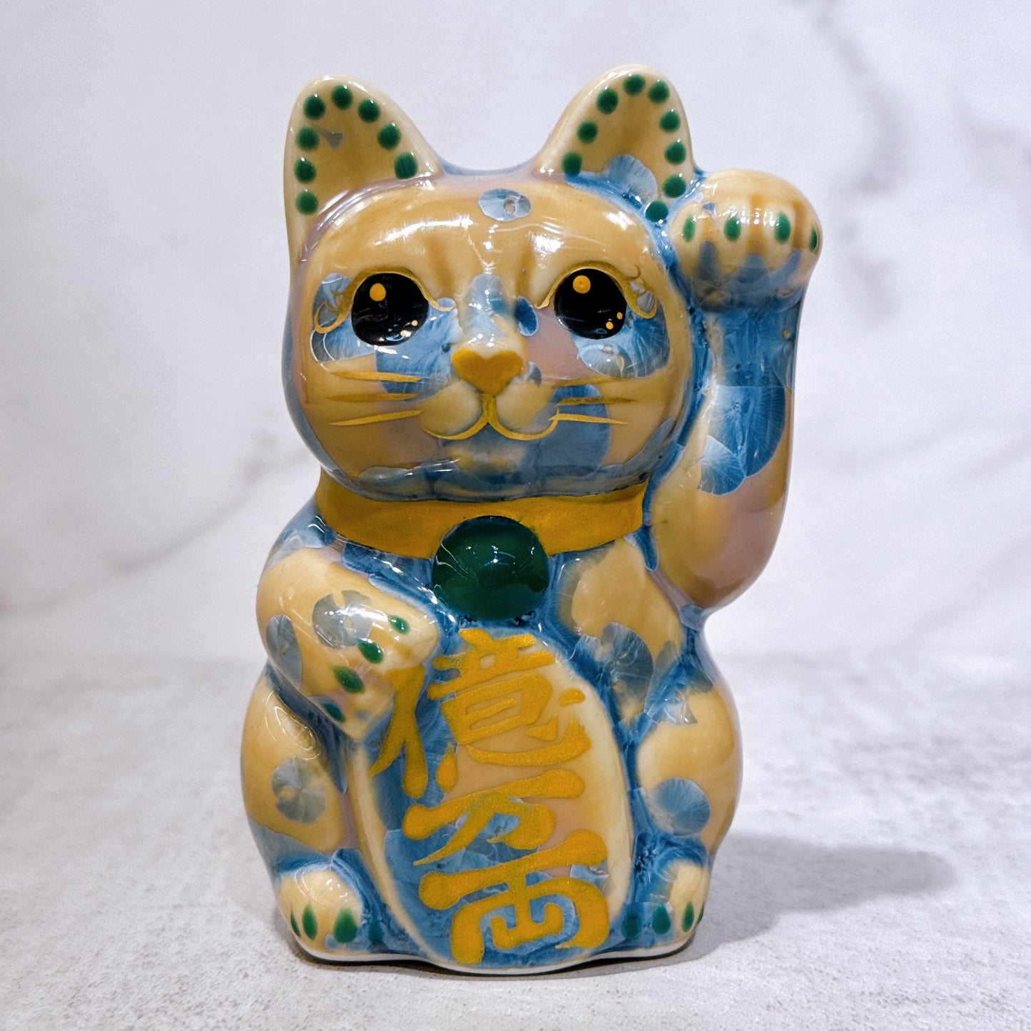 日本清水烧招财猫花结晶灰青亿万両特小