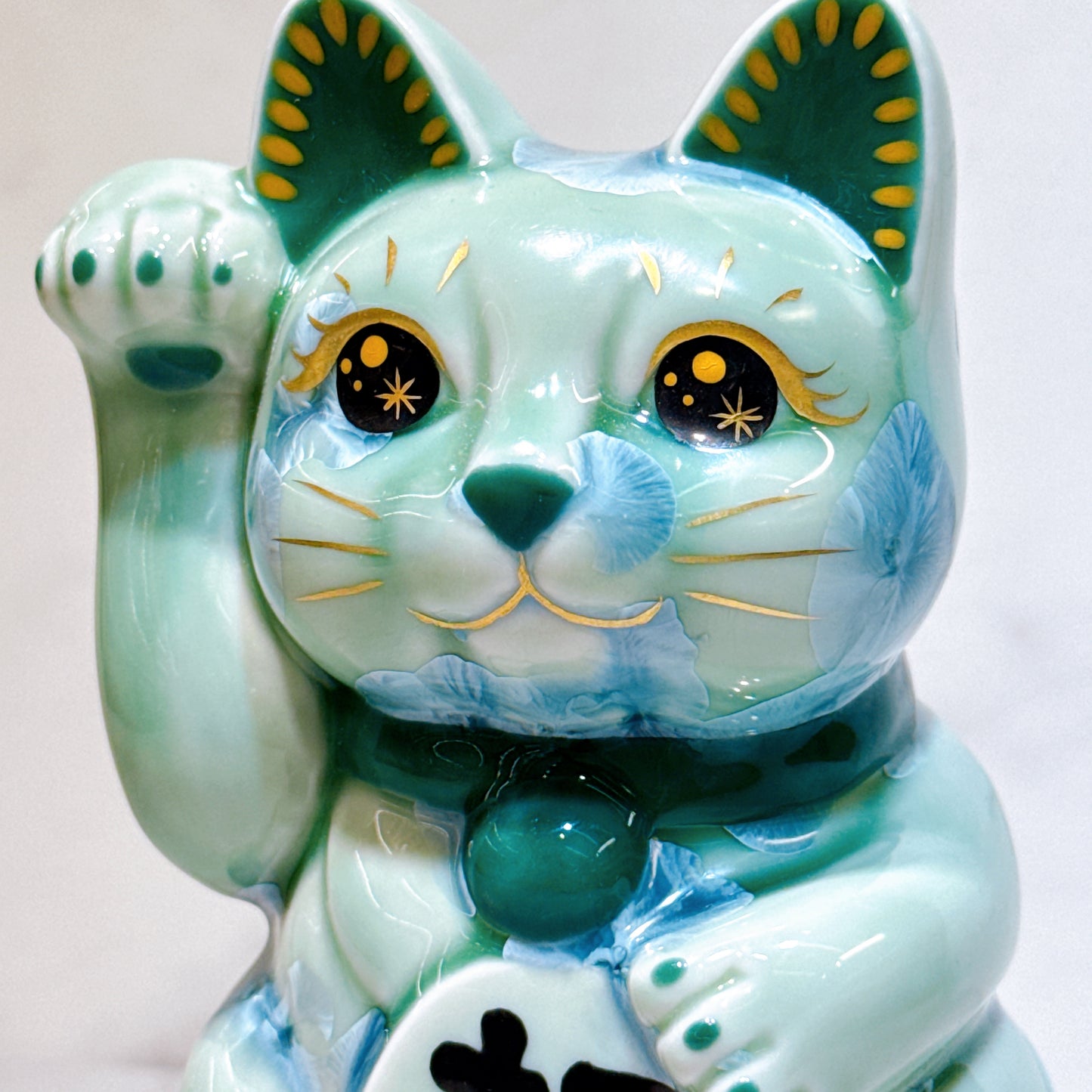 日本清水燒招財貓 花結晶 綠 招福 体花 右