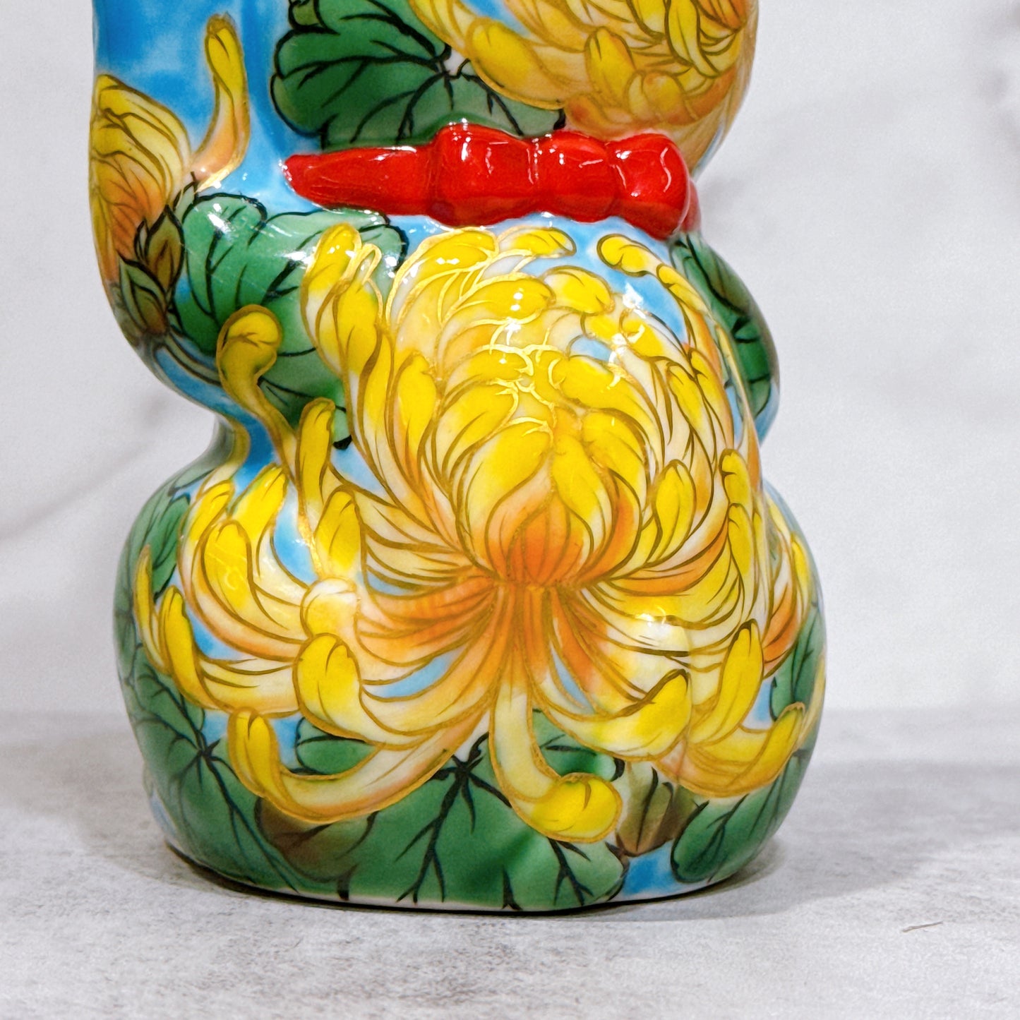 日本清水燒招財貓 色繪 水色黃菊