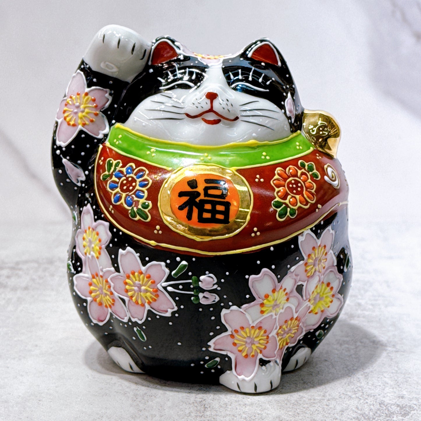 日本九谷燒招財貓 黑櫻盛 4號