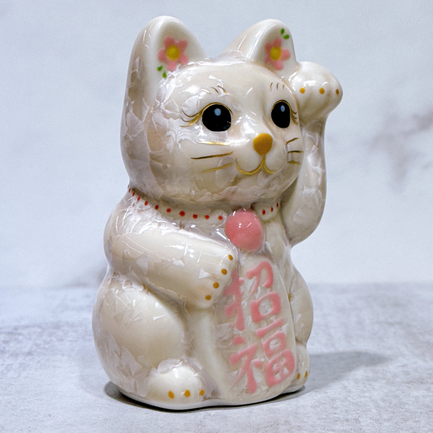 日本清水燒招財貓 花結晶 杏 左 特小