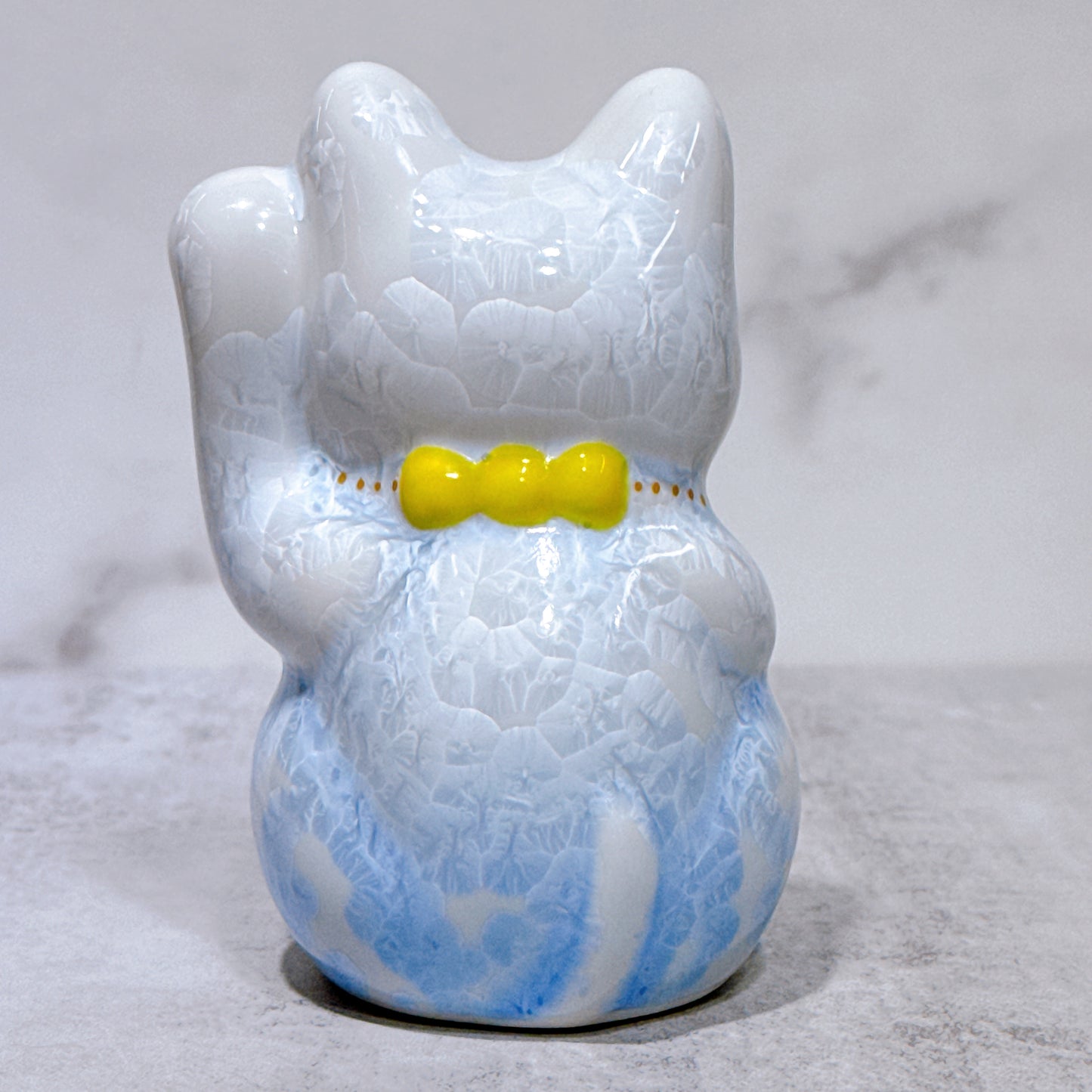 日本清水燒招財貓 花結晶 青白 左 特小