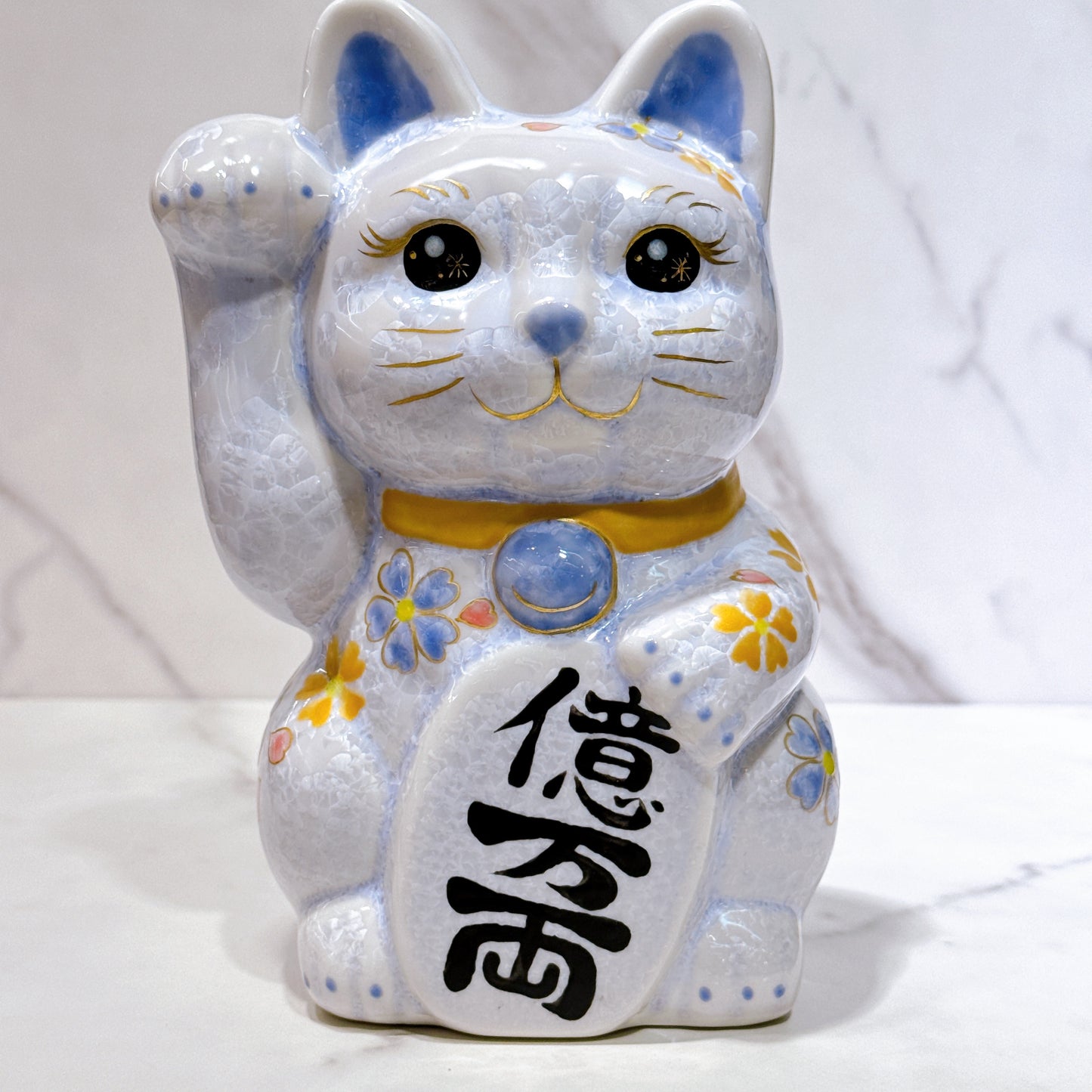 日本清水燒招財貓 花結晶 藤 億万両 体花 特大 右