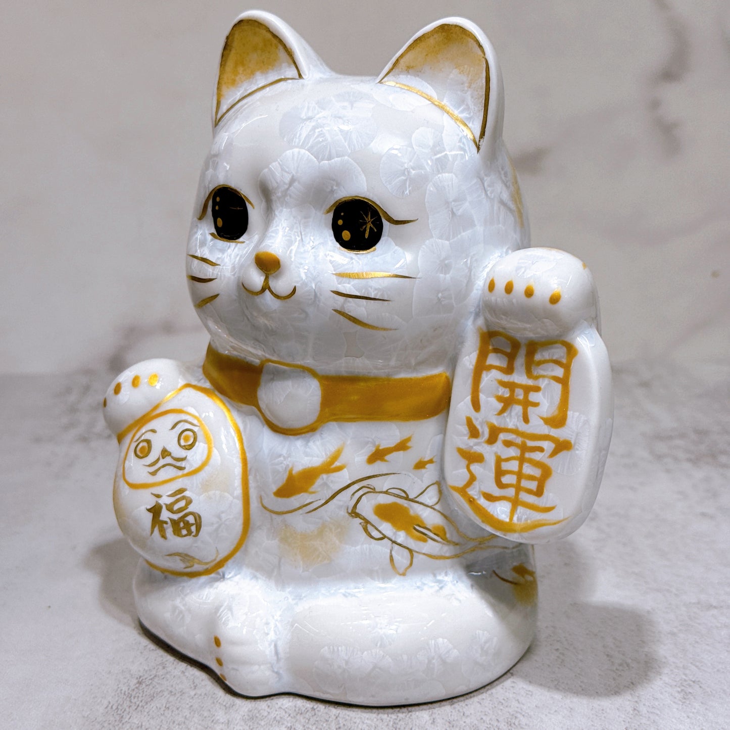 日本清水燒招財貓 達摩 花結晶 白 体花