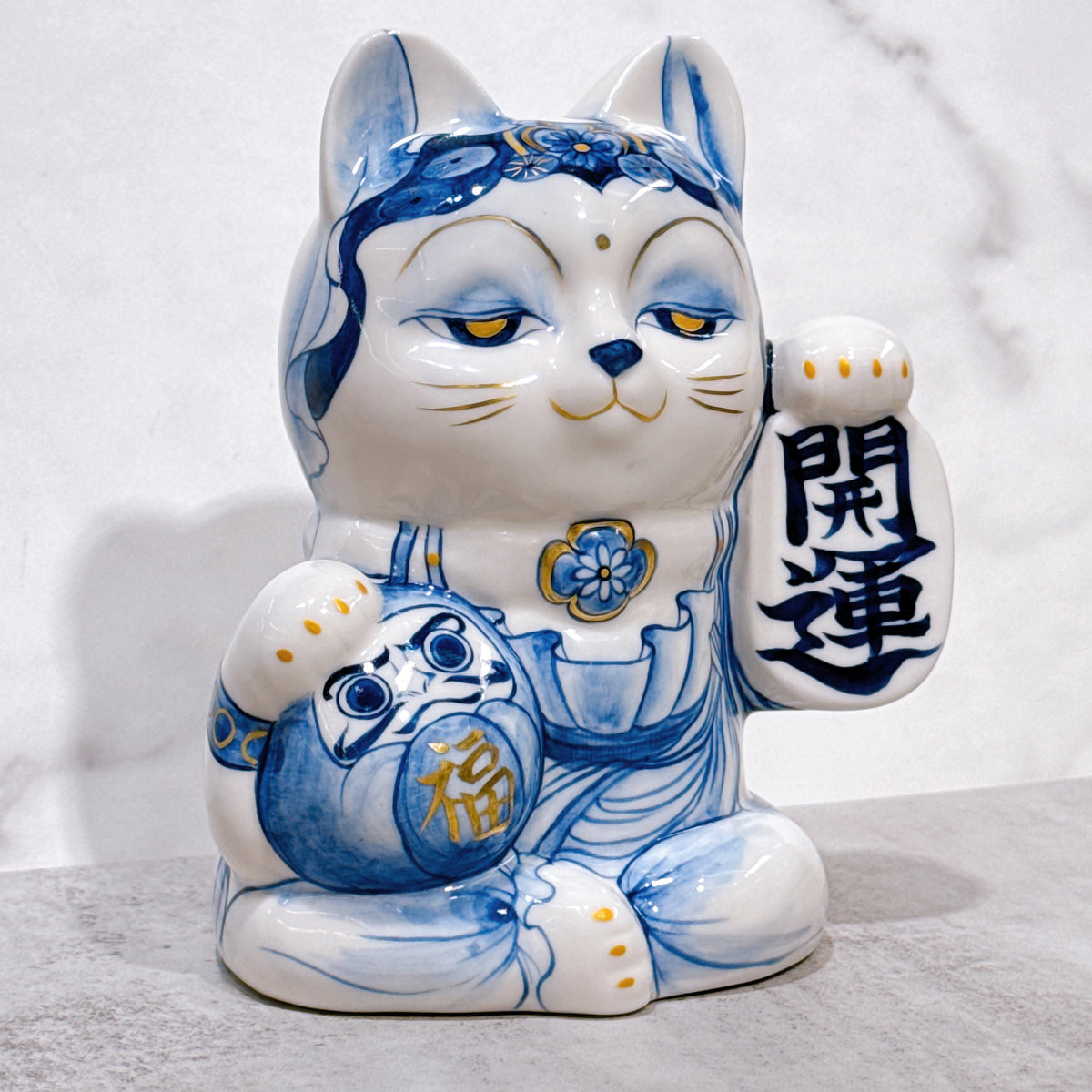 日本清水燒招財貓 達摩 染付 金彩 觀音