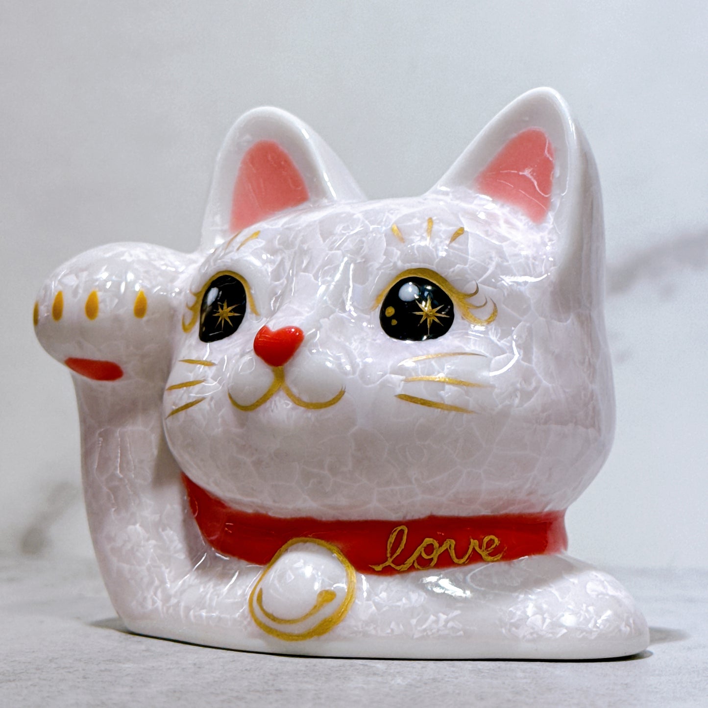 日本清水燒招財貓 貓半身 花結晶 桃 Love