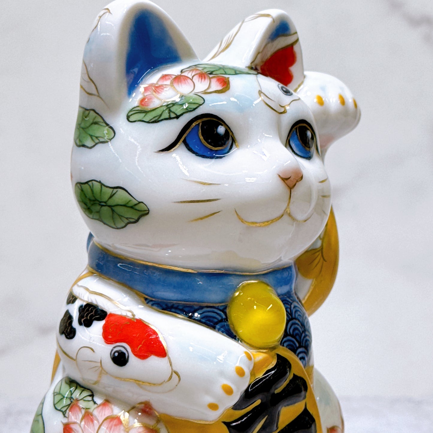 日本清水燒招財貓 色繪 鯉
