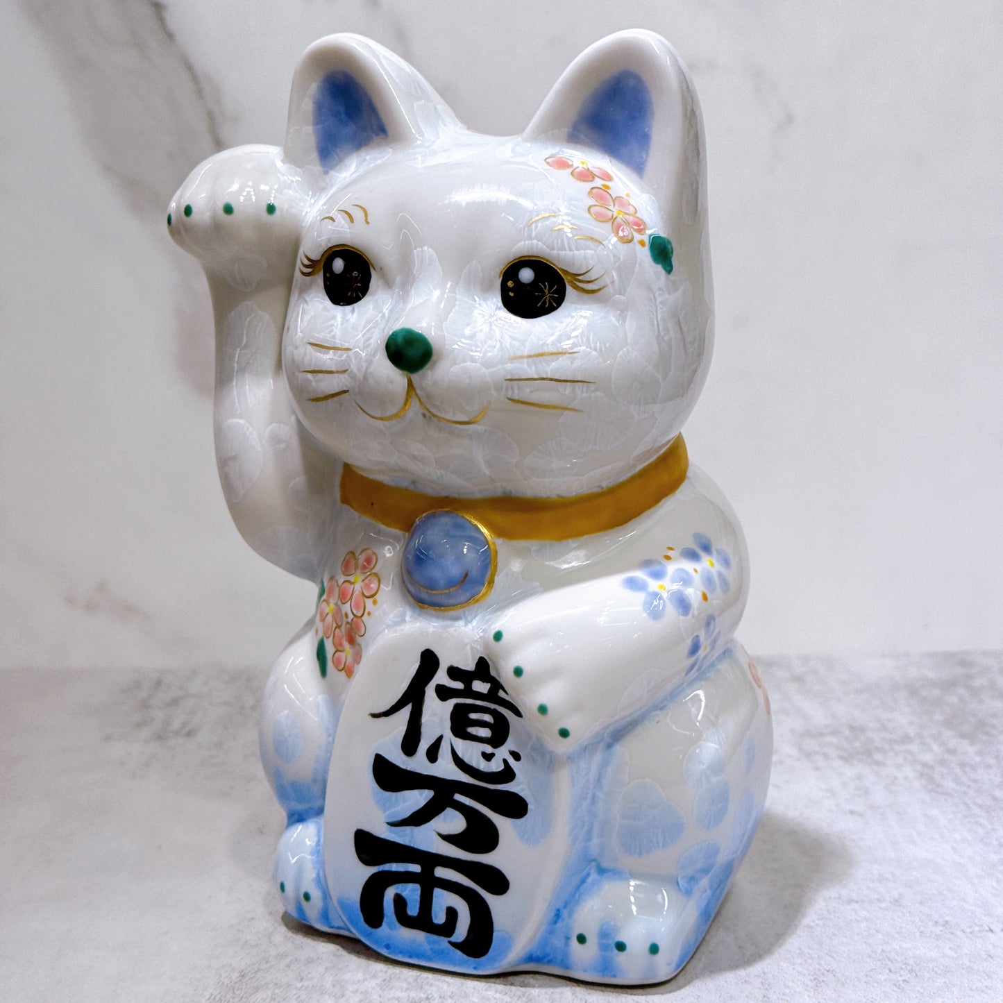 日本清水燒招財貓 花結晶 青白 億万両 体花 特大 右
