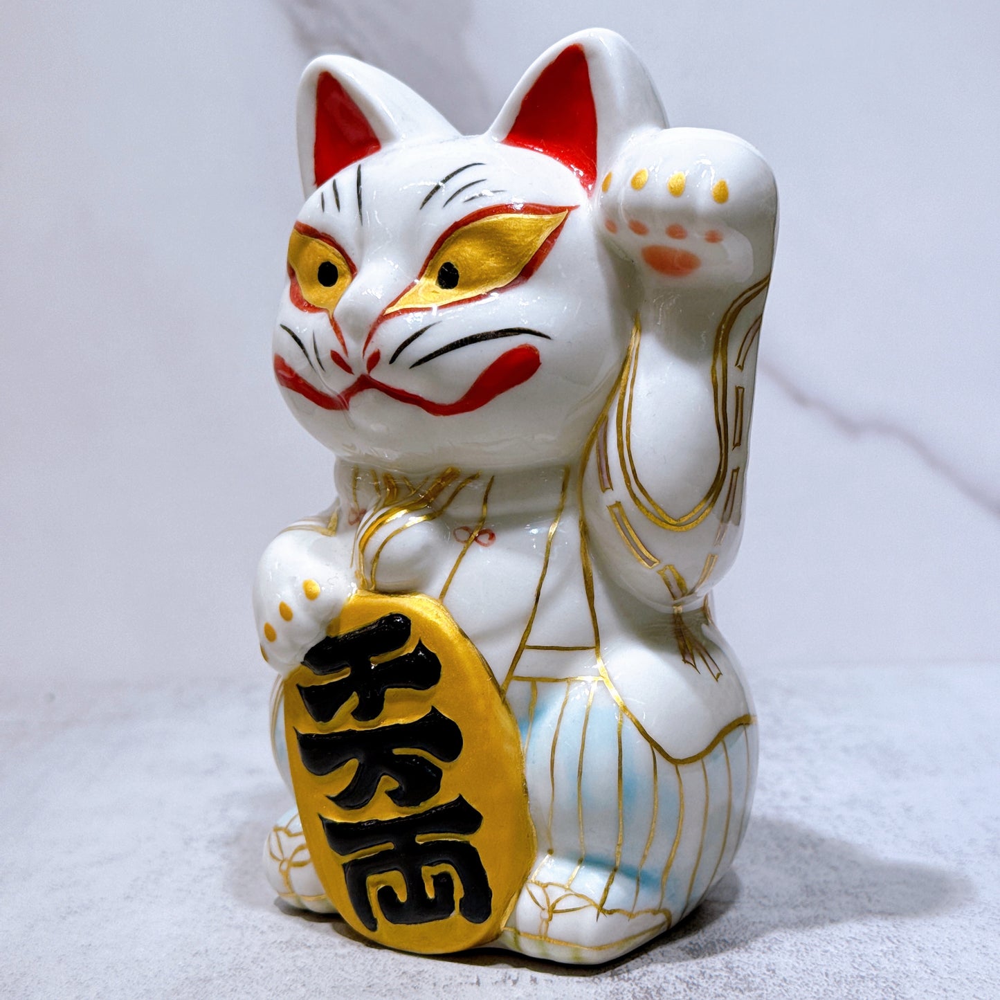 日本清水烧招财猫 色绘 白狐稻荷