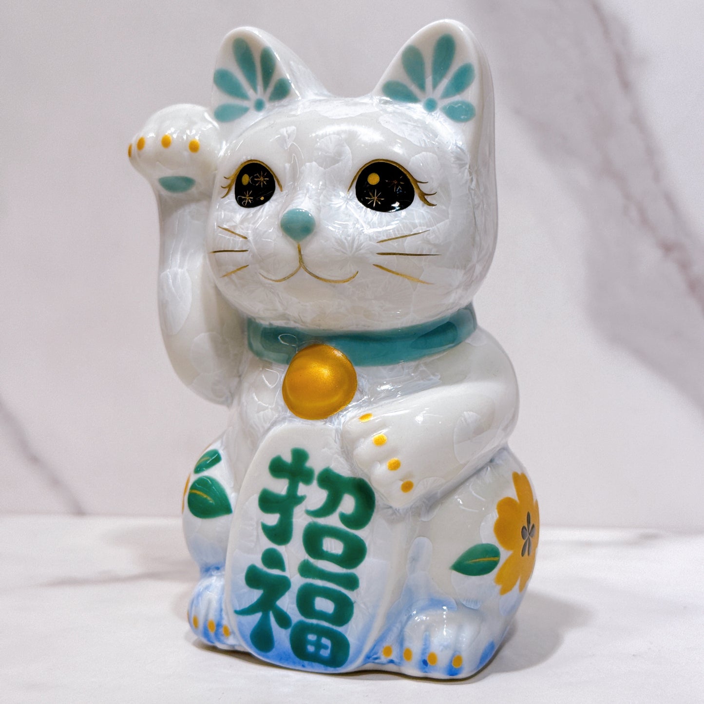 日本清水燒招財貓 花結晶 青白 体花 招福 右