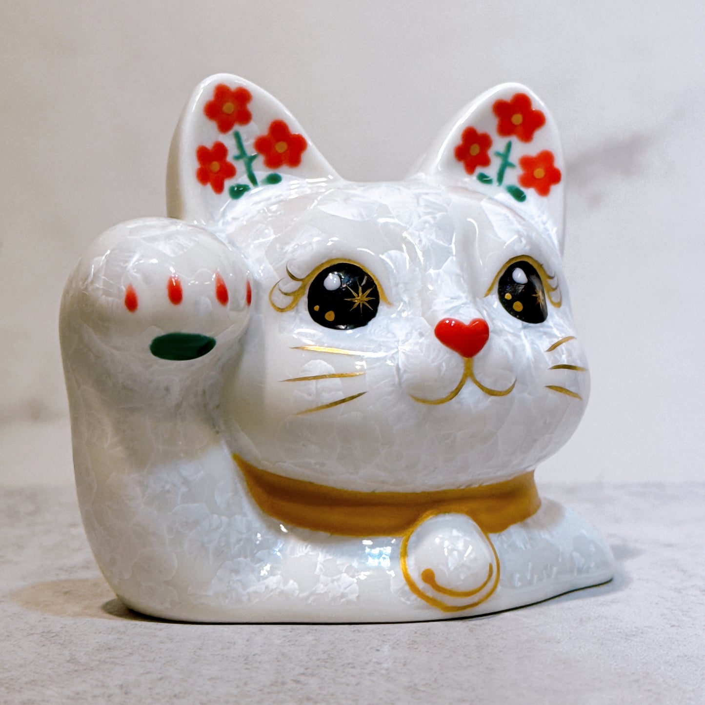 日本清水燒招財貓 貓半身 花結晶 白