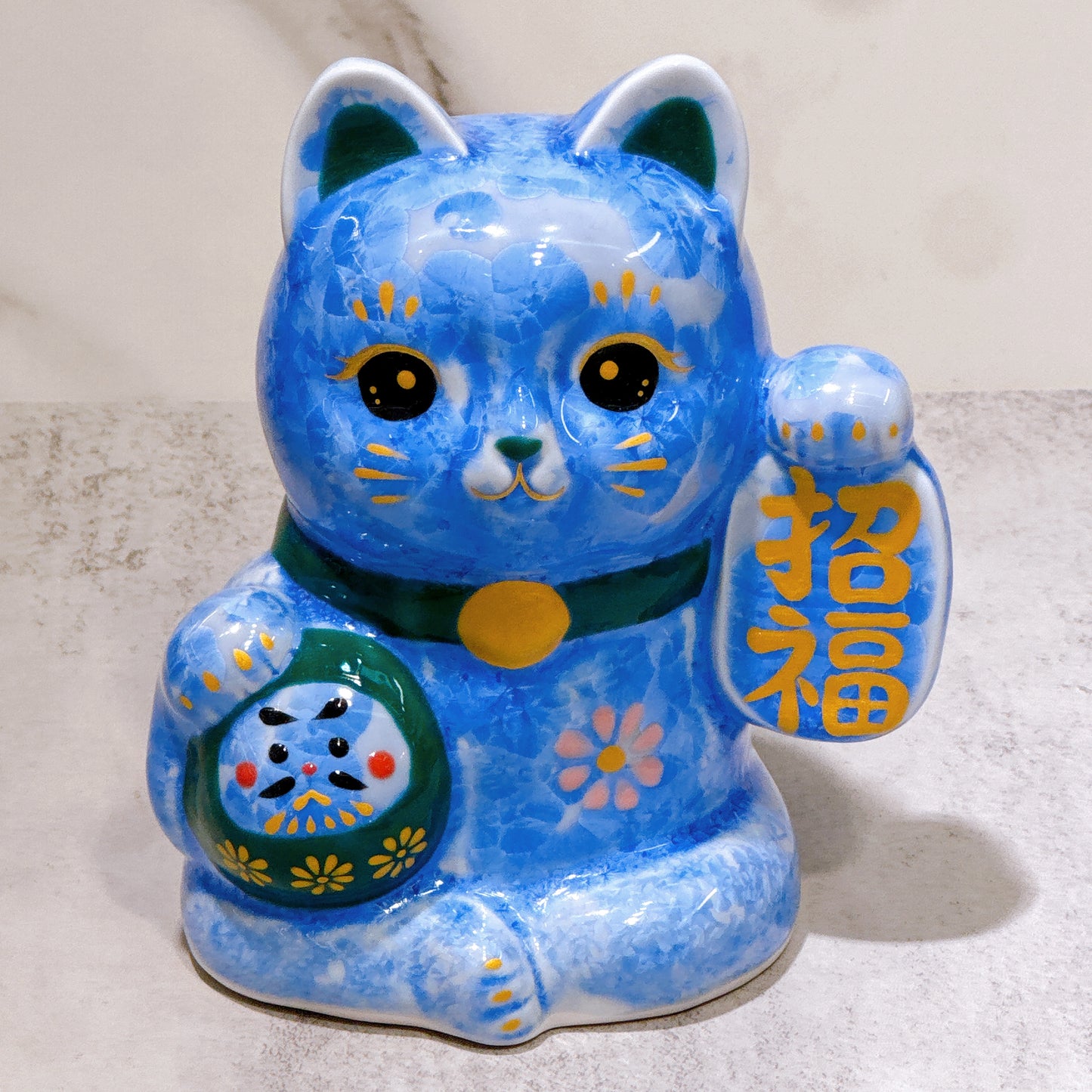 日本清水燒招財貓 達摩 花結晶 青 招福
