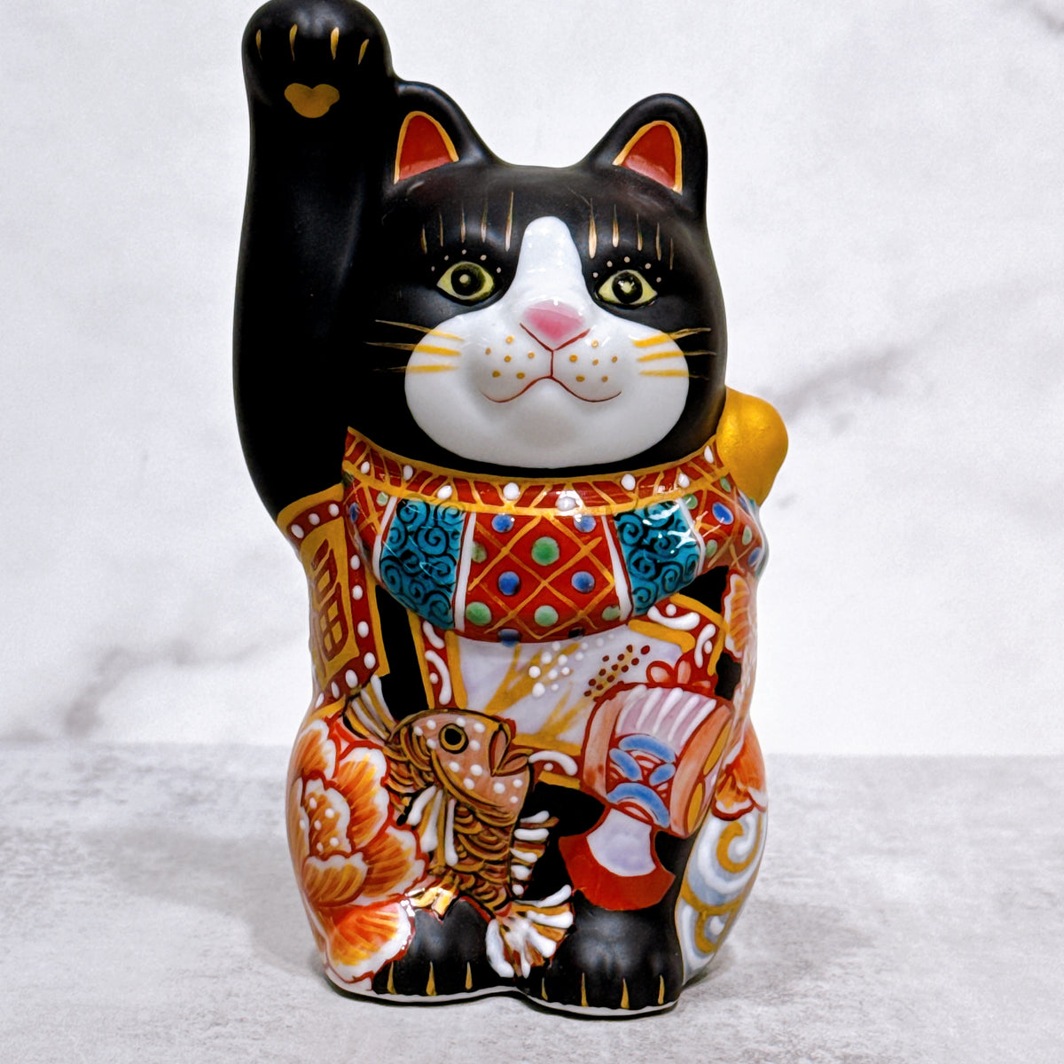 日本九谷燒招財貓 黑地吉祥鯛 4號