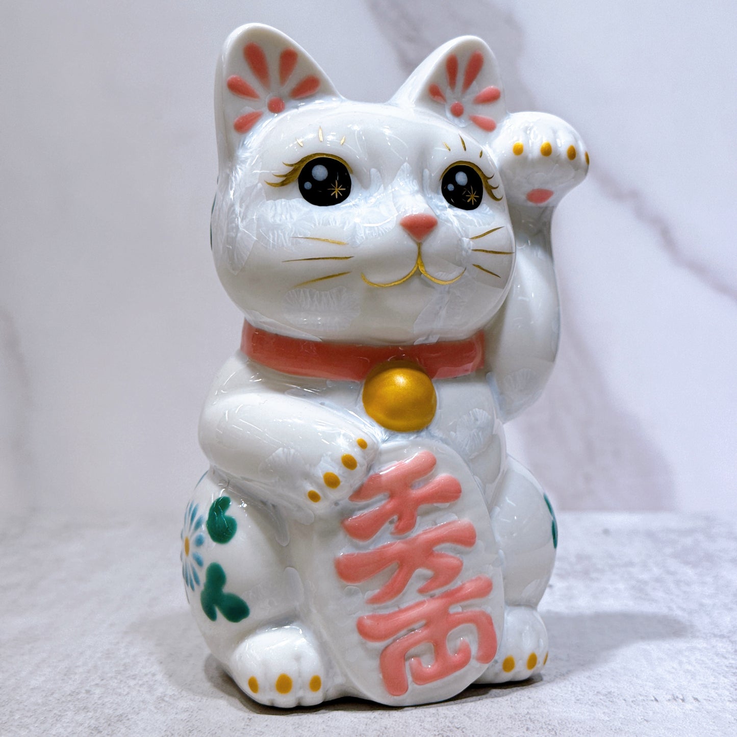 日本清水烧招财猫 花结晶 白 体花 千万两 左