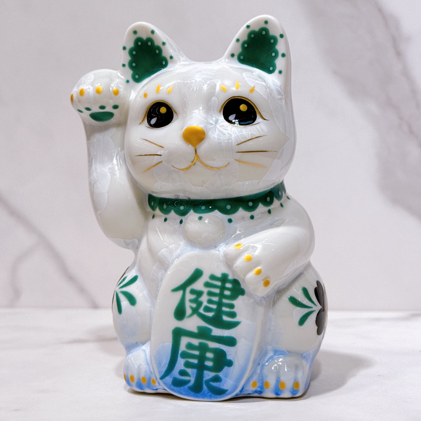 日本清水燒招財貓 花結晶 青白 体花 健康 右