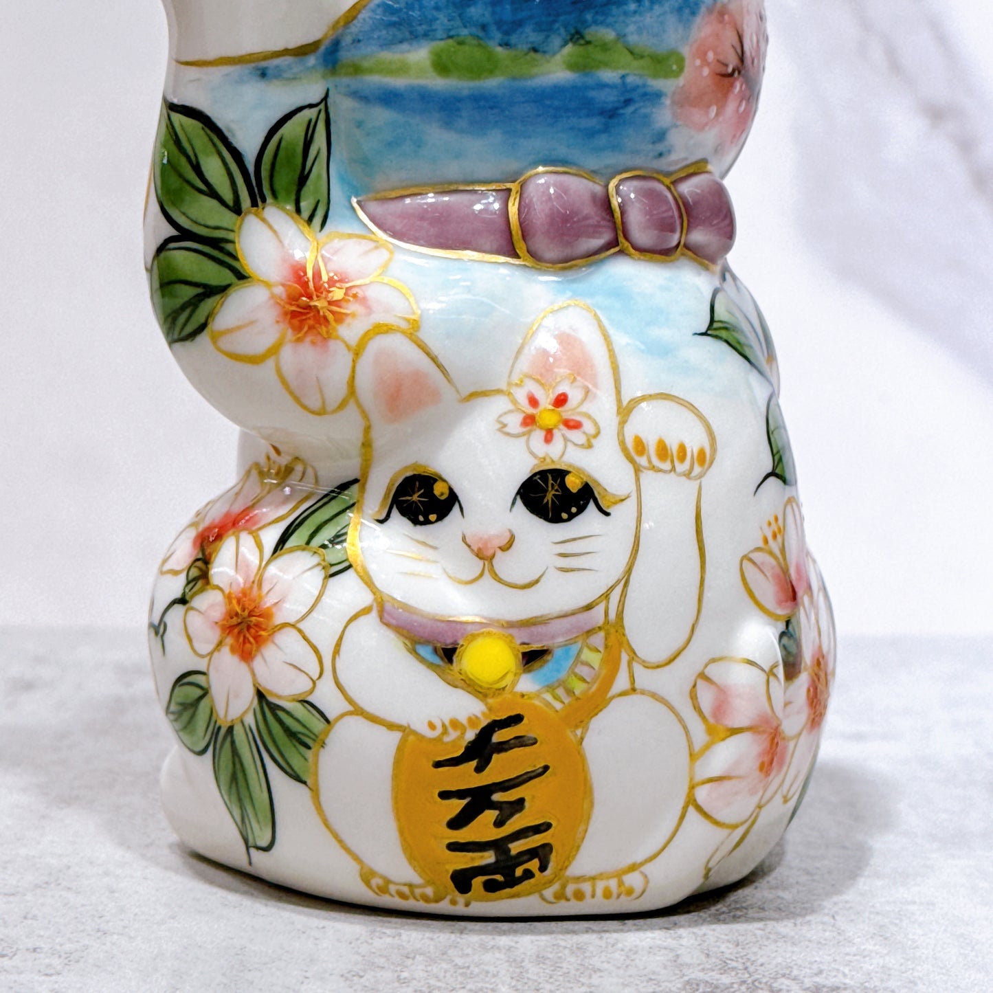 日本清水燒招財貓 色繪 富士櫻之貓