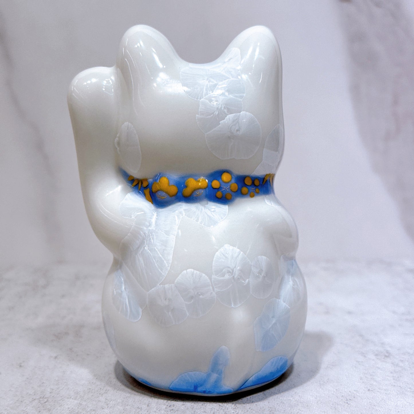 日本清水燒招財貓 花結晶 青白 億万両 左 特小