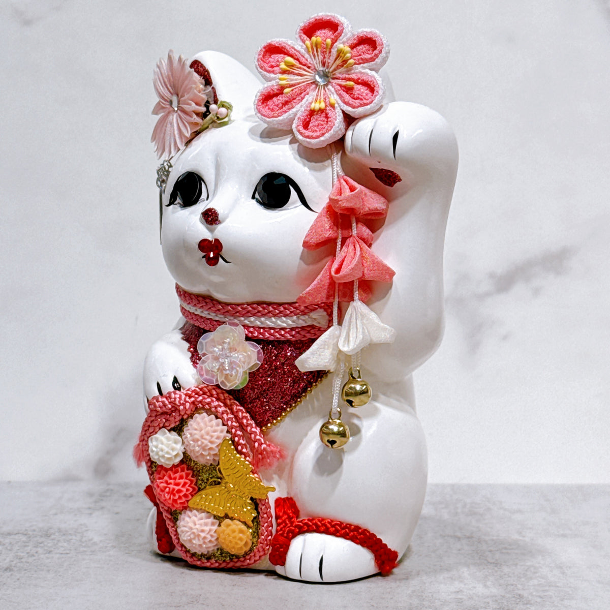 日本花見招財貓 花韻蝶舞 5號 白 左手