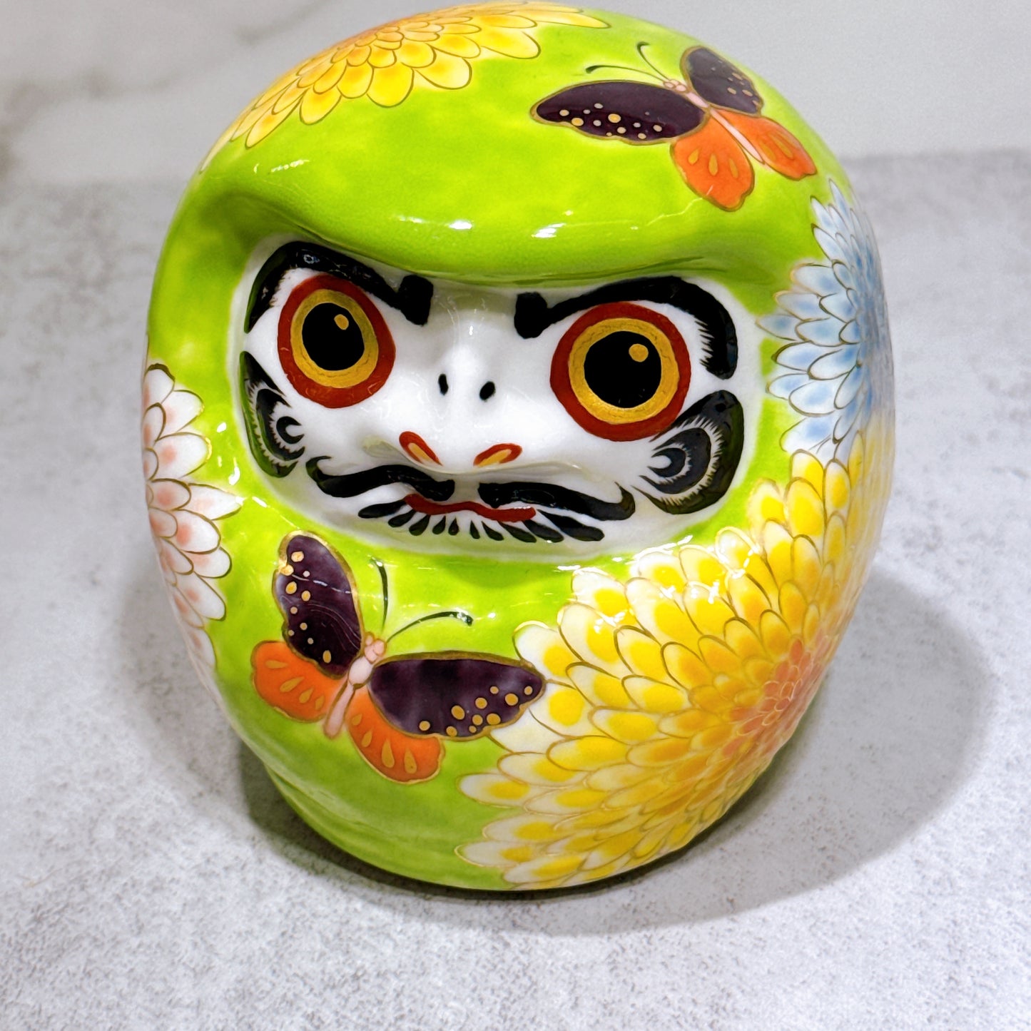 日本清水燒達摩 色繪 綠地匊蝶 小號