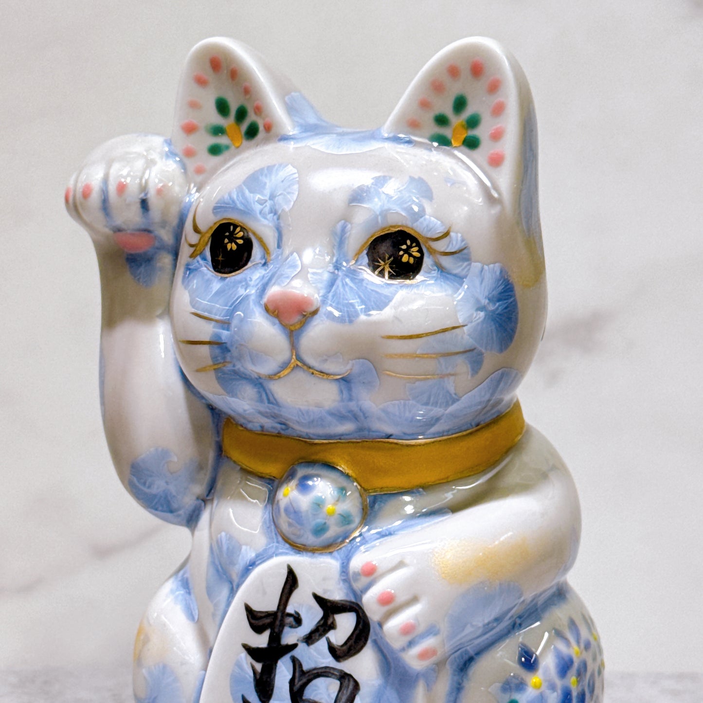 日本清水燒招財貓 花結晶 銀藤 体花 招福 右