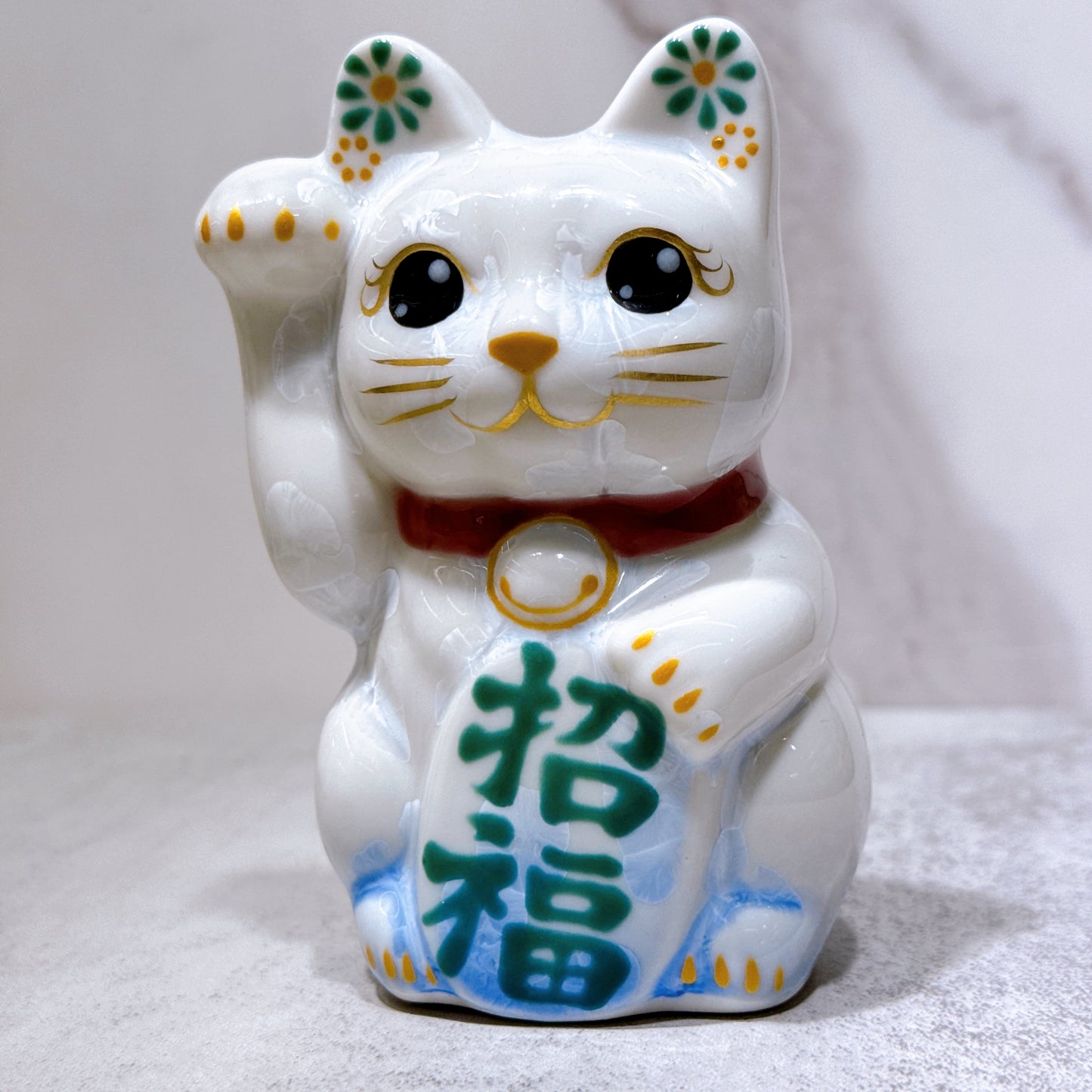日本清水烧招财猫花结晶青白招福右特小