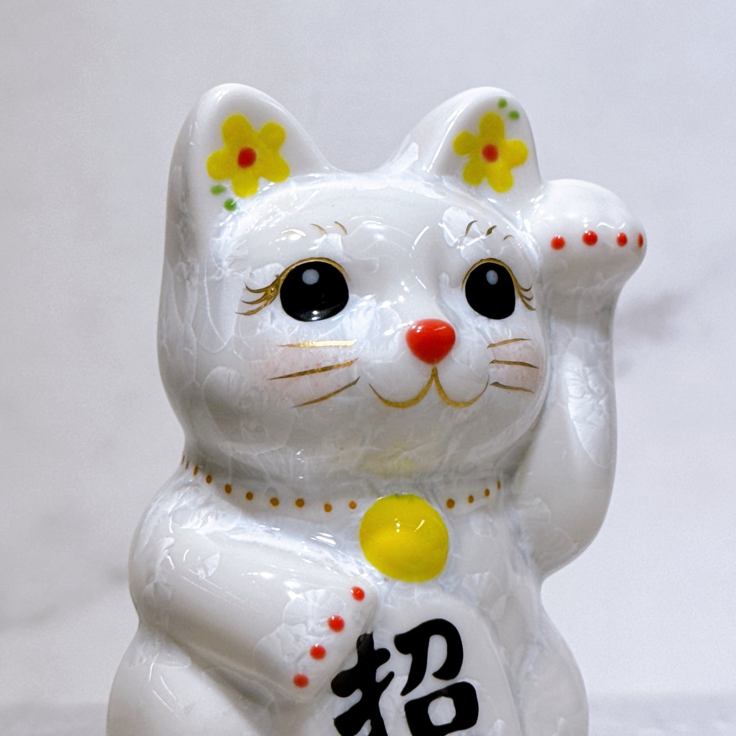 日本清水燒招財貓 花結晶 白 招福 左 特小