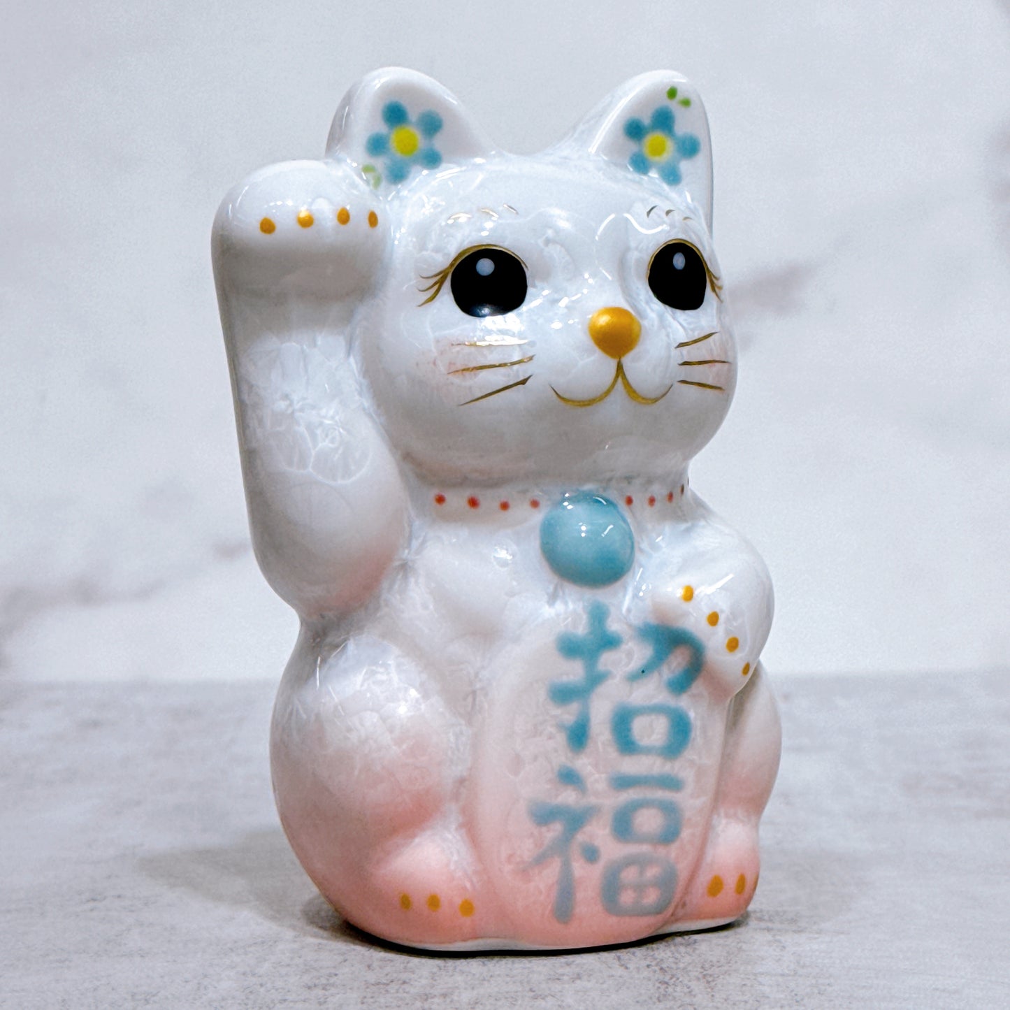 日本清水燒招財貓 花結晶 桃白 右 特小