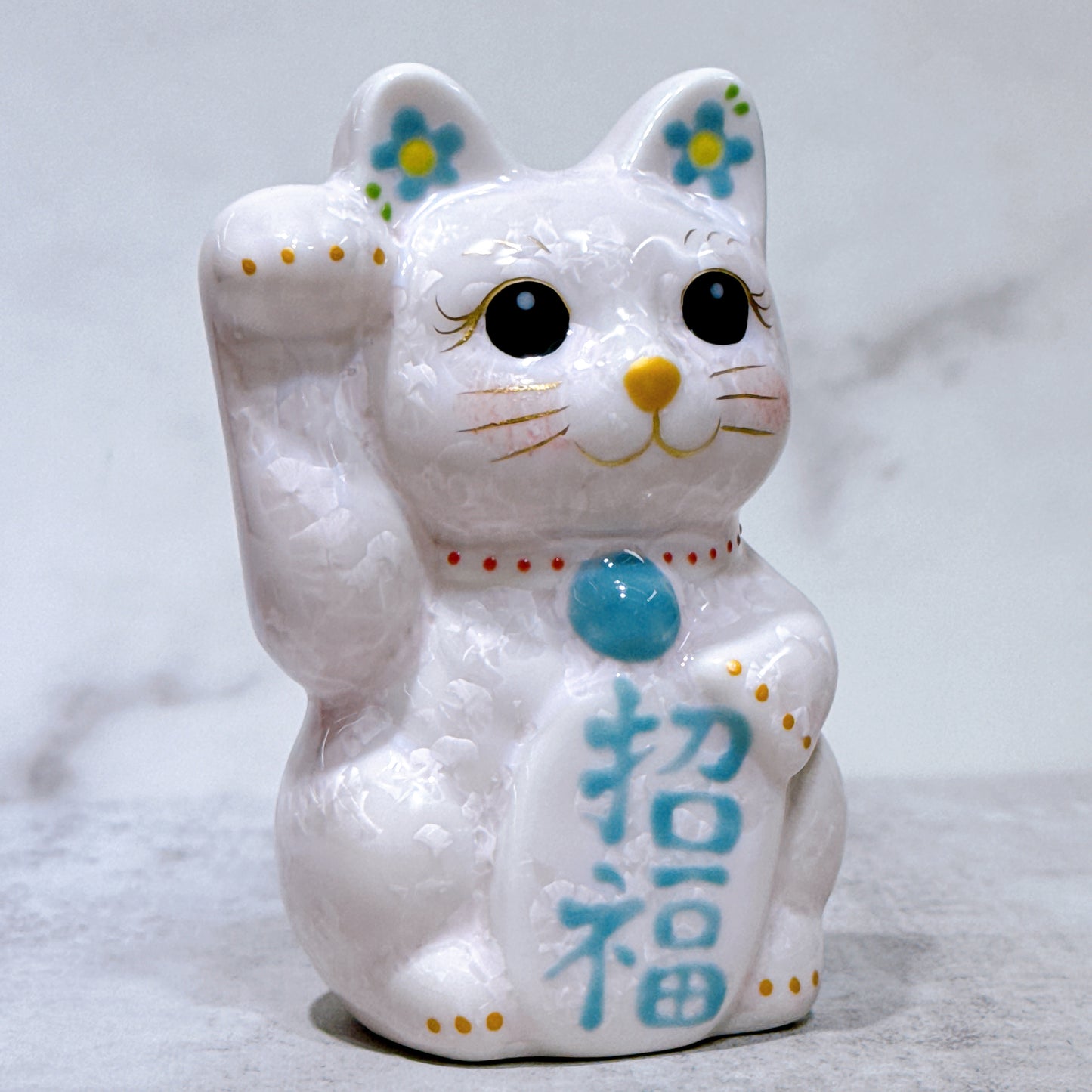日本清水燒招財貓 花結晶 桃 右 特小