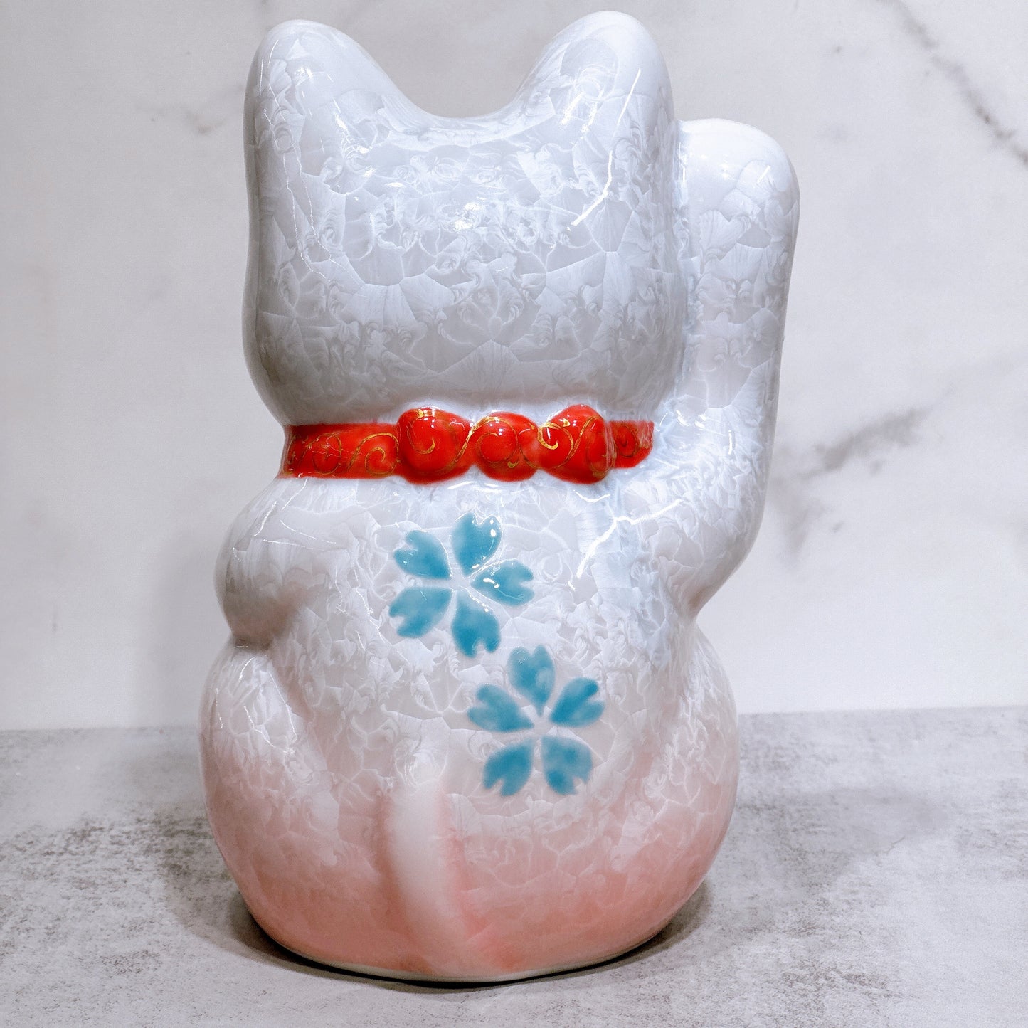日本清水燒招財貓 花結晶 桃白 体花 特大 右