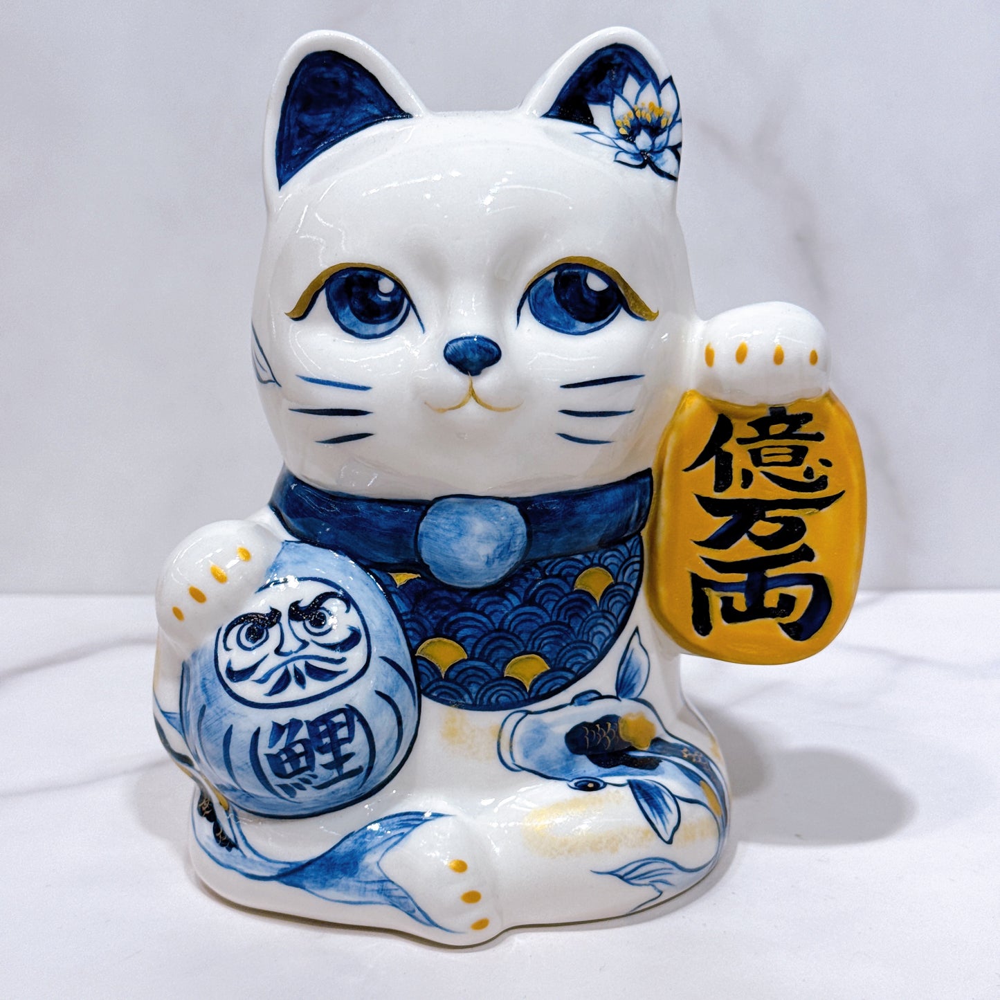 日本清水燒招財貓 達摩 染付 鯉