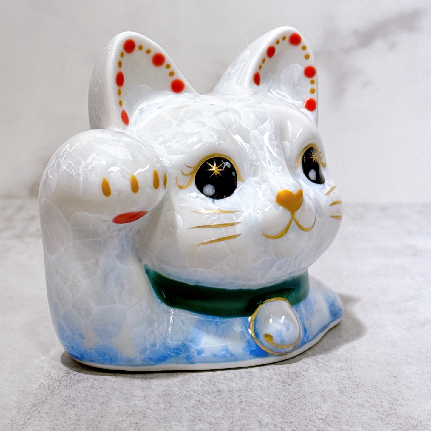 日本清水燒招財貓 貓半身 花結晶 青白