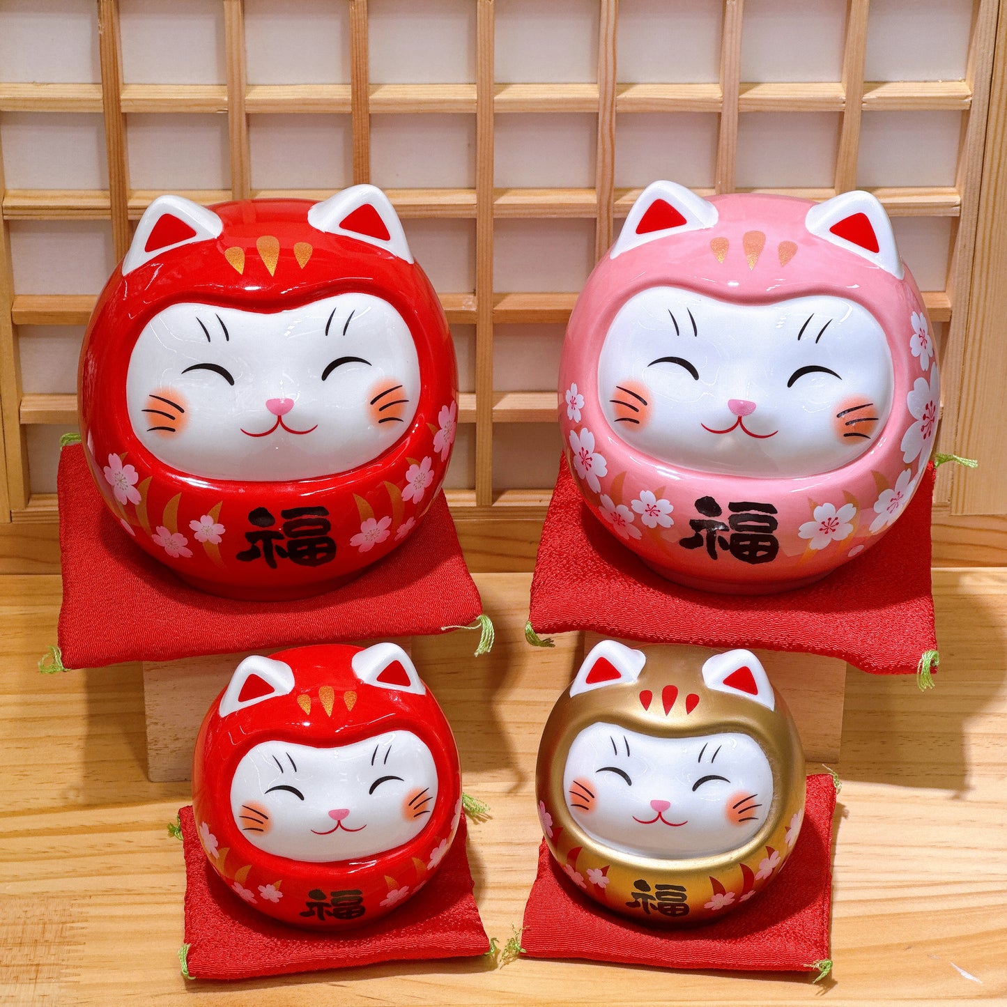 日本開運達摩招財貓 桜桃福